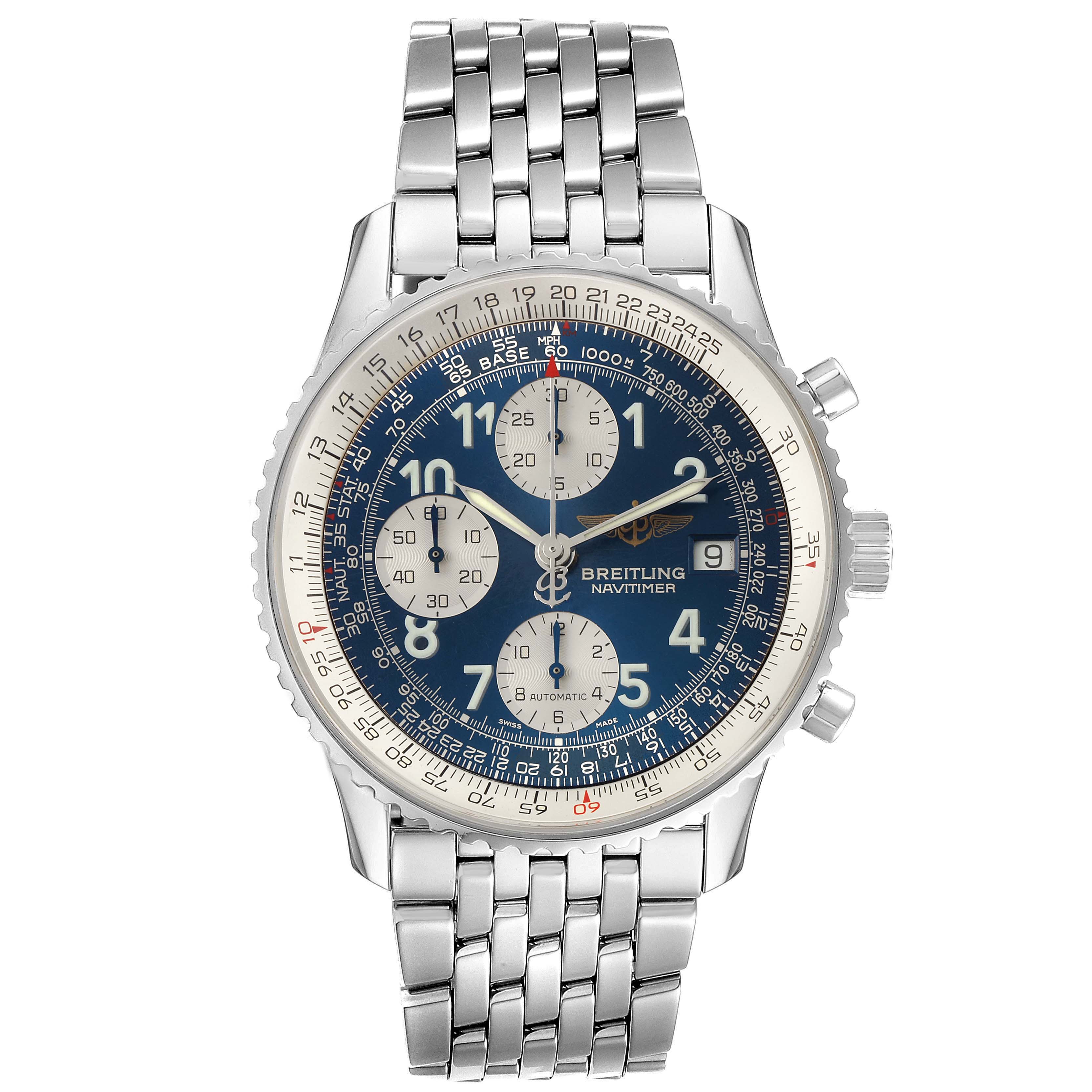 The image shows a front view of a Breitling Navitimer A13022 Men
s Stainless Steel Blue Dial A13022 Men
s Stainless Steel Blue Dial watch with a metal bracelet and blue dial.
