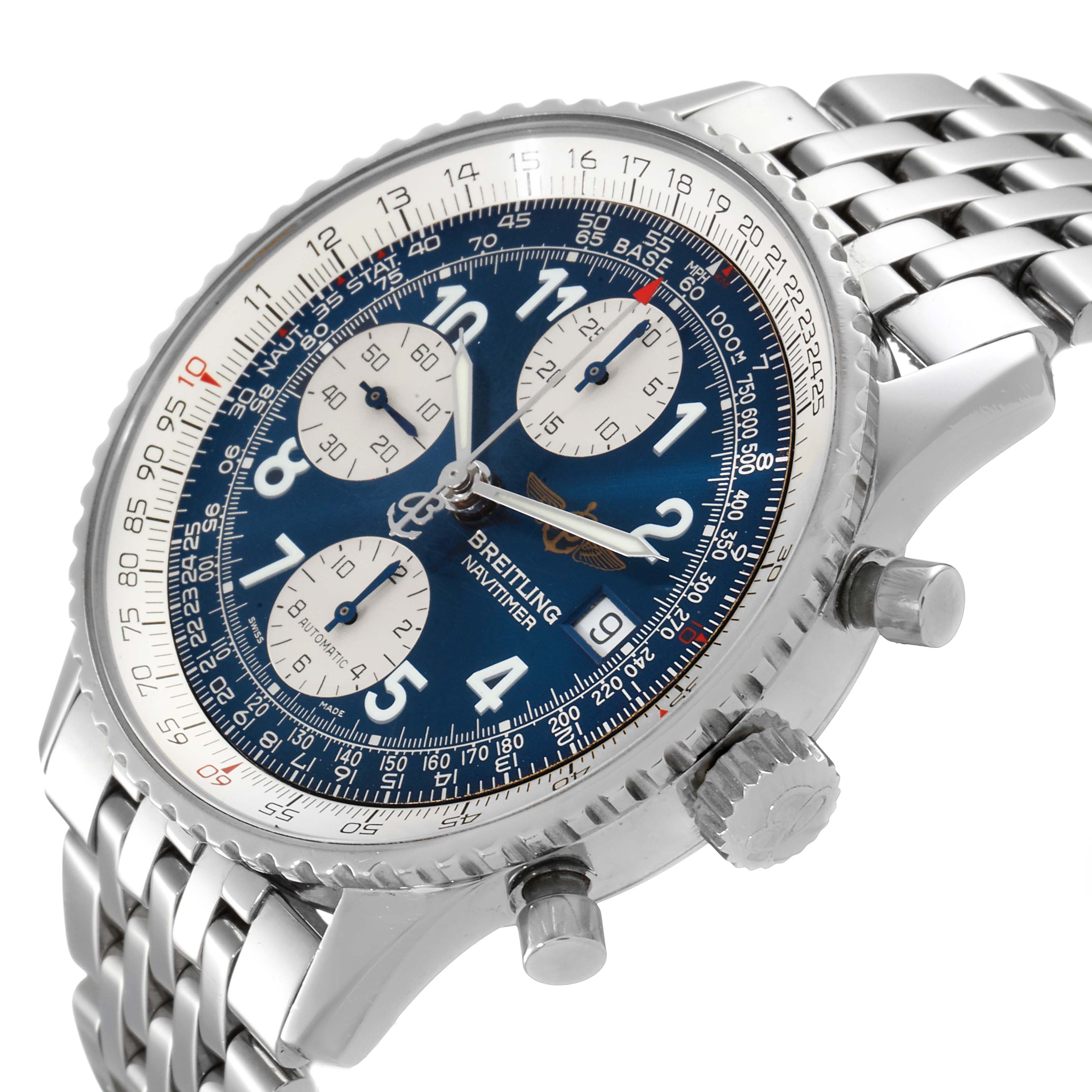 The Breitling Navitimer A13022 Men
s Stainless Steel Blue Dial A13022 Men
s Stainless Steel Blue Dial watch is shown at an angled close-up, highlighting its dial, bezel, crown, and part of the bracelet.