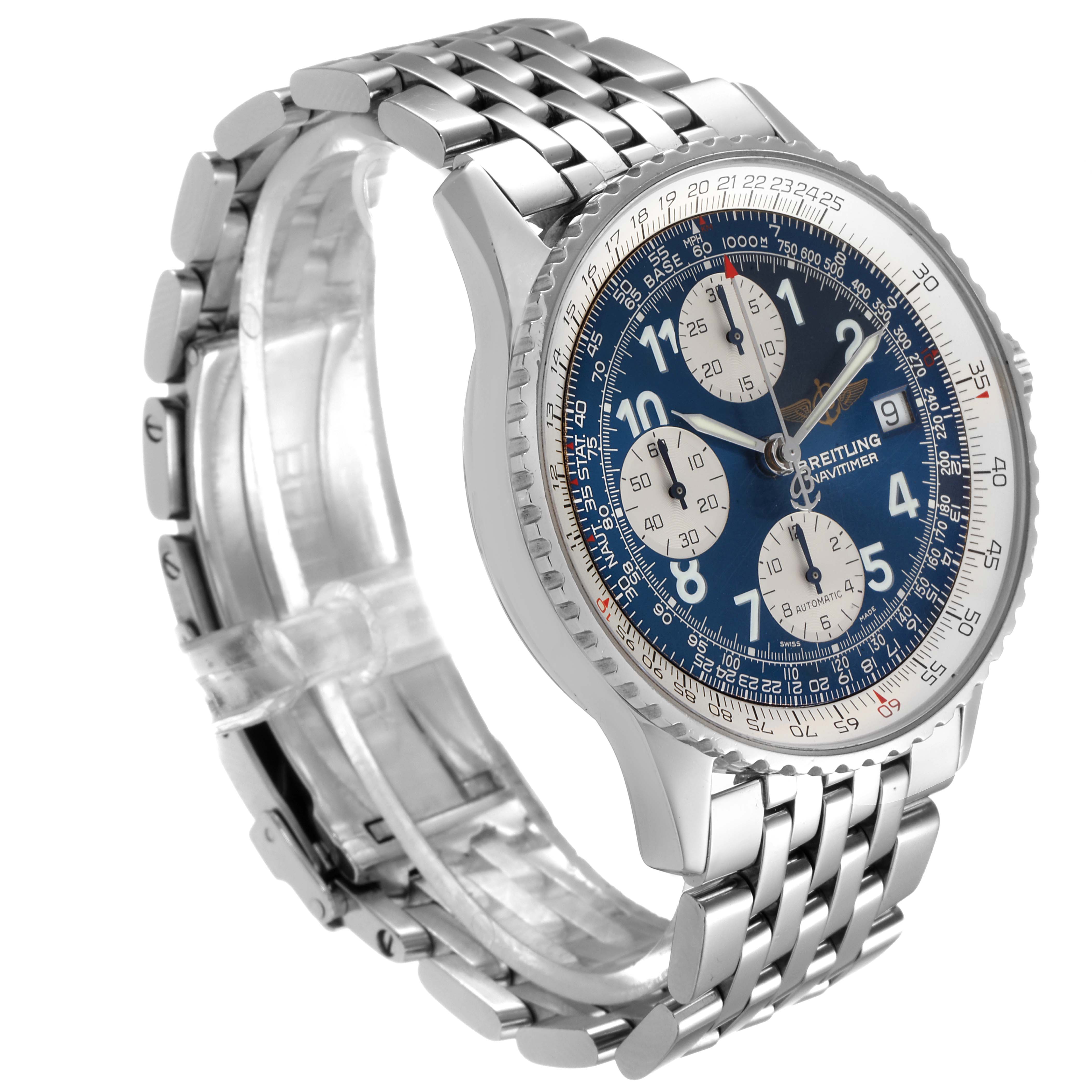 The Breitling Navitimer A13022 Men
s Stainless Steel Blue Dial A13022 Men
s Stainless Steel Blue Dial watch is shown at a slight angle, displaying its blue dial, chronograph subdials, and stainless steel bracelet.