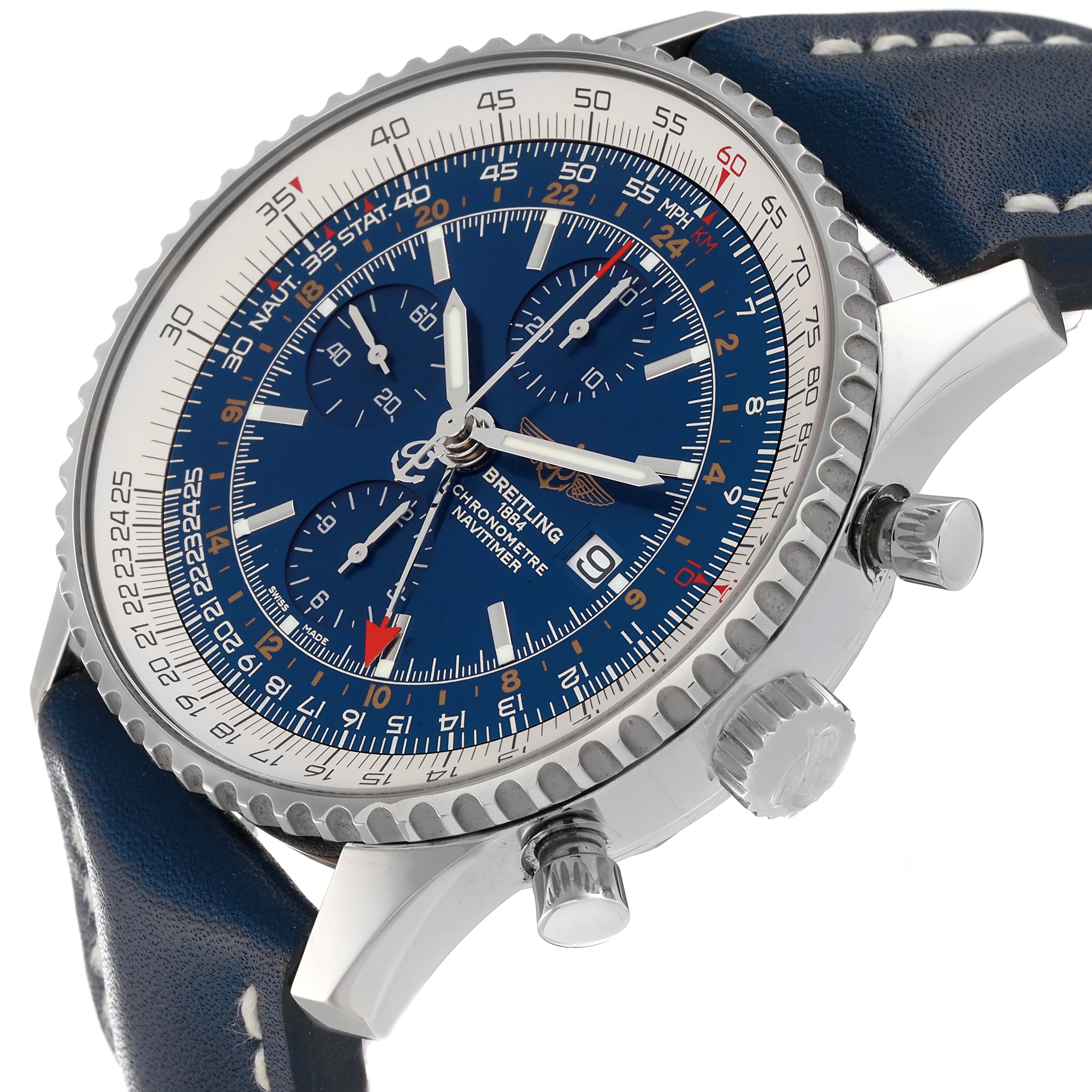 The image shows a close-up angle of a Breitling Navitimer A2432212 Men's Stainless Steel Blue Dial A2432212 Men's Stainless Steel Blue Dial watch, displaying the dial, crown, pushers, and part of the strap.