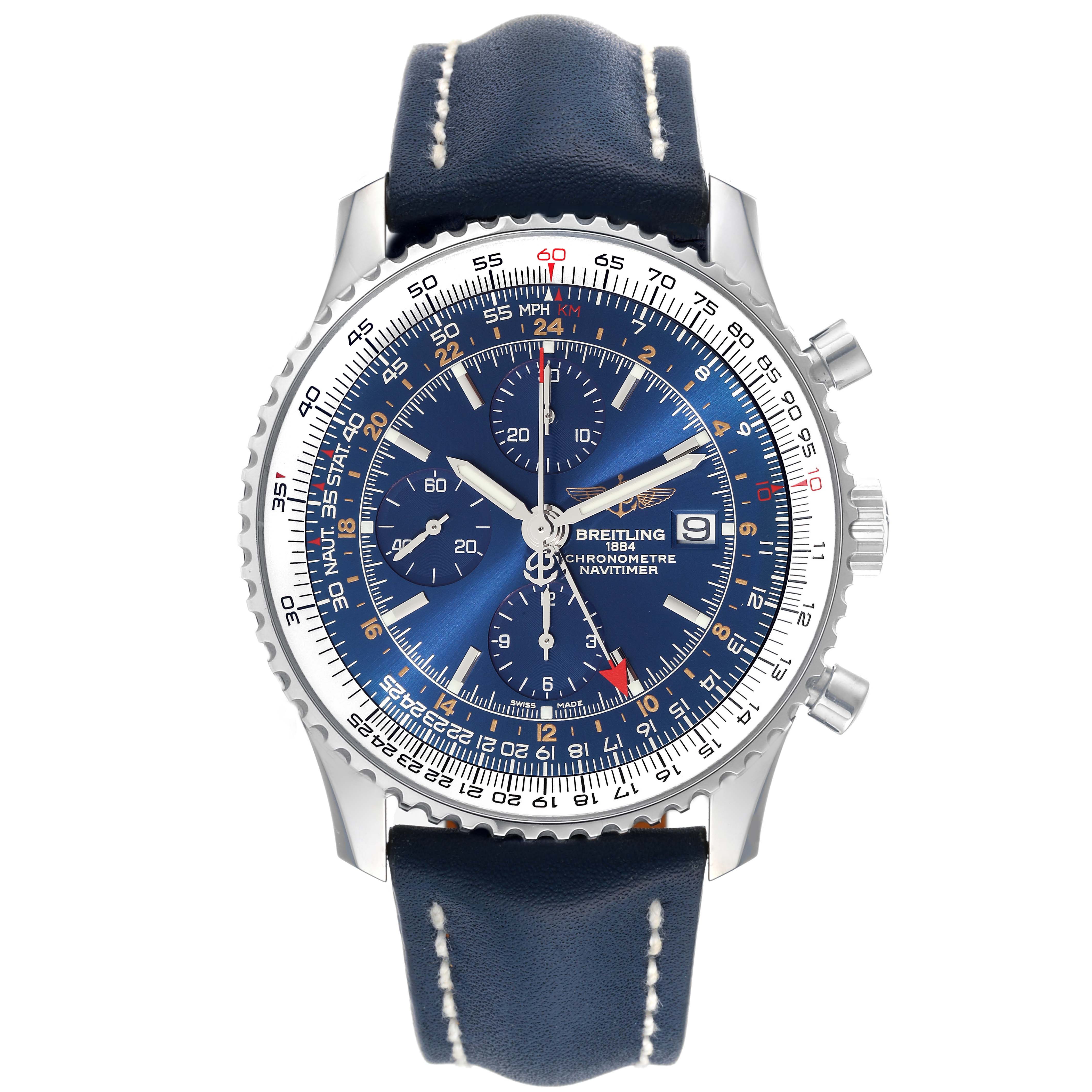 The image shows a front view of a Breitling Navitimer A2432212 Men's Stainless Steel Blue Dial A2432212 Men's Stainless Steel Blue Dial watch, featuring the dial, hands, markers, and part of the strap.