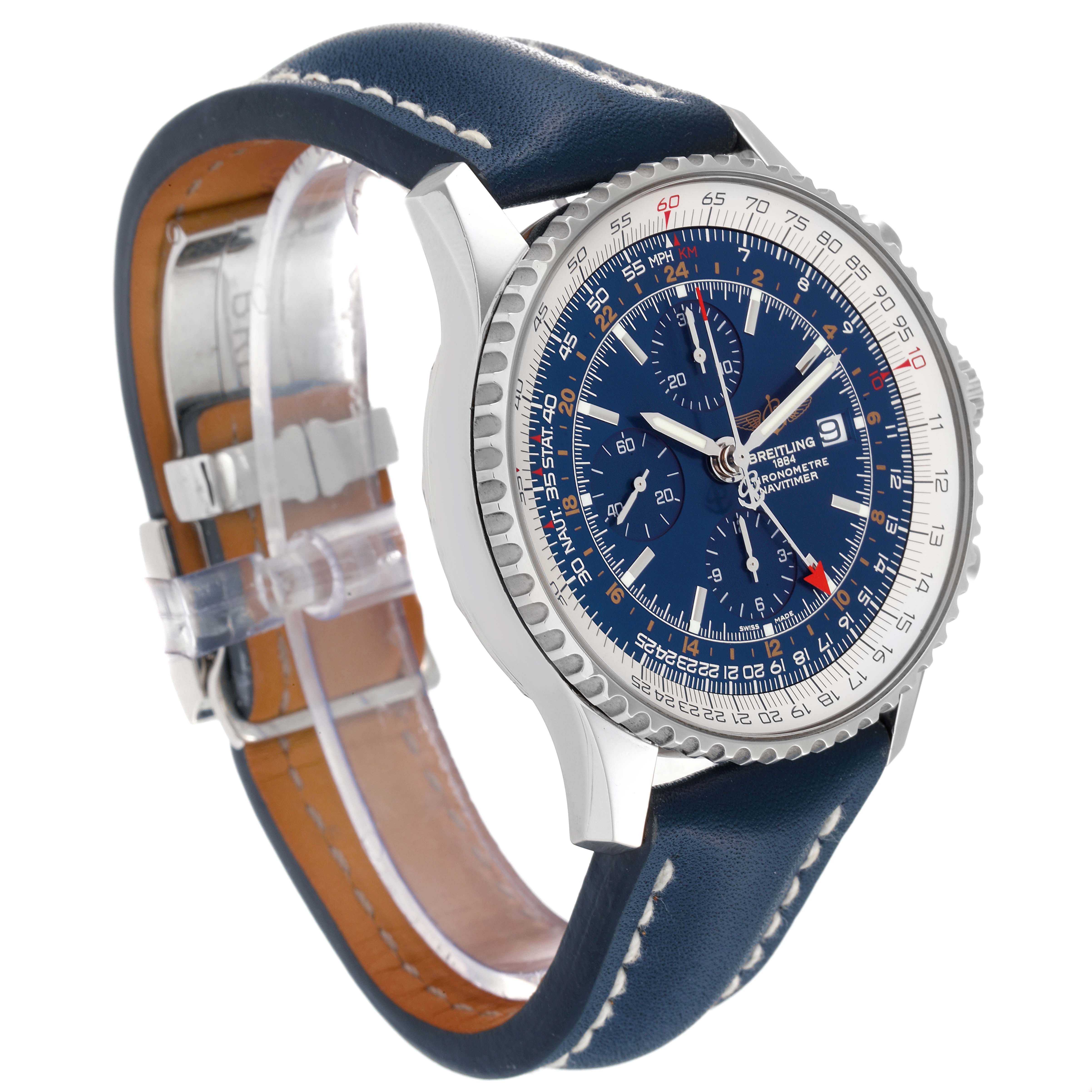 The image shows a Breitling Navitimer A2432212 Men's Stainless Steel Blue Dial A2432212 Men's Stainless Steel Blue Dial watch from an angled side view, highlighting the face, bezel, and blue leather strap.