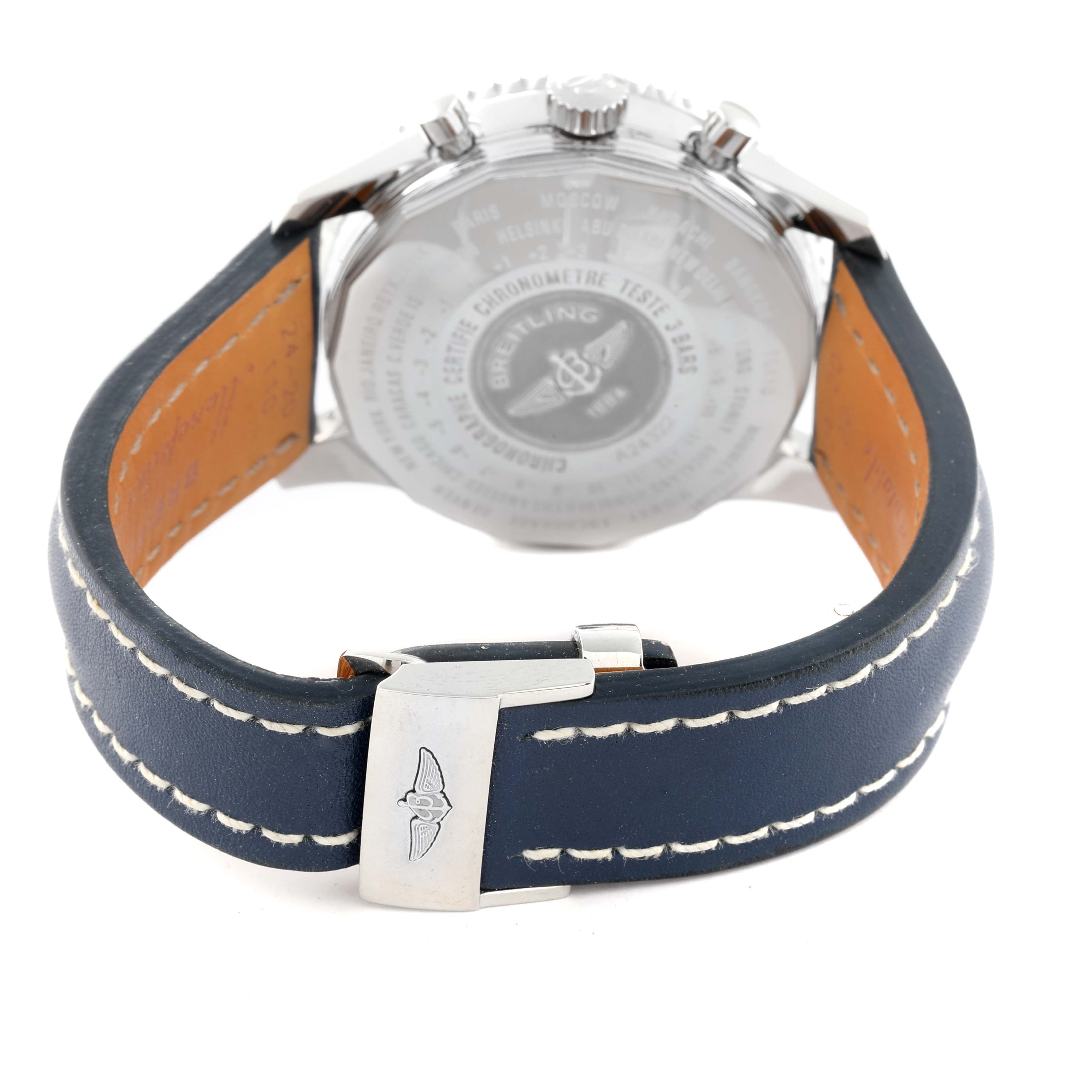 This image shows the back view of a Breitling Navitimer A2432212 Men's Stainless Steel Blue Dial A2432212 Men's Stainless Steel Blue Dial watch, focusing on the leather strap and buckle.