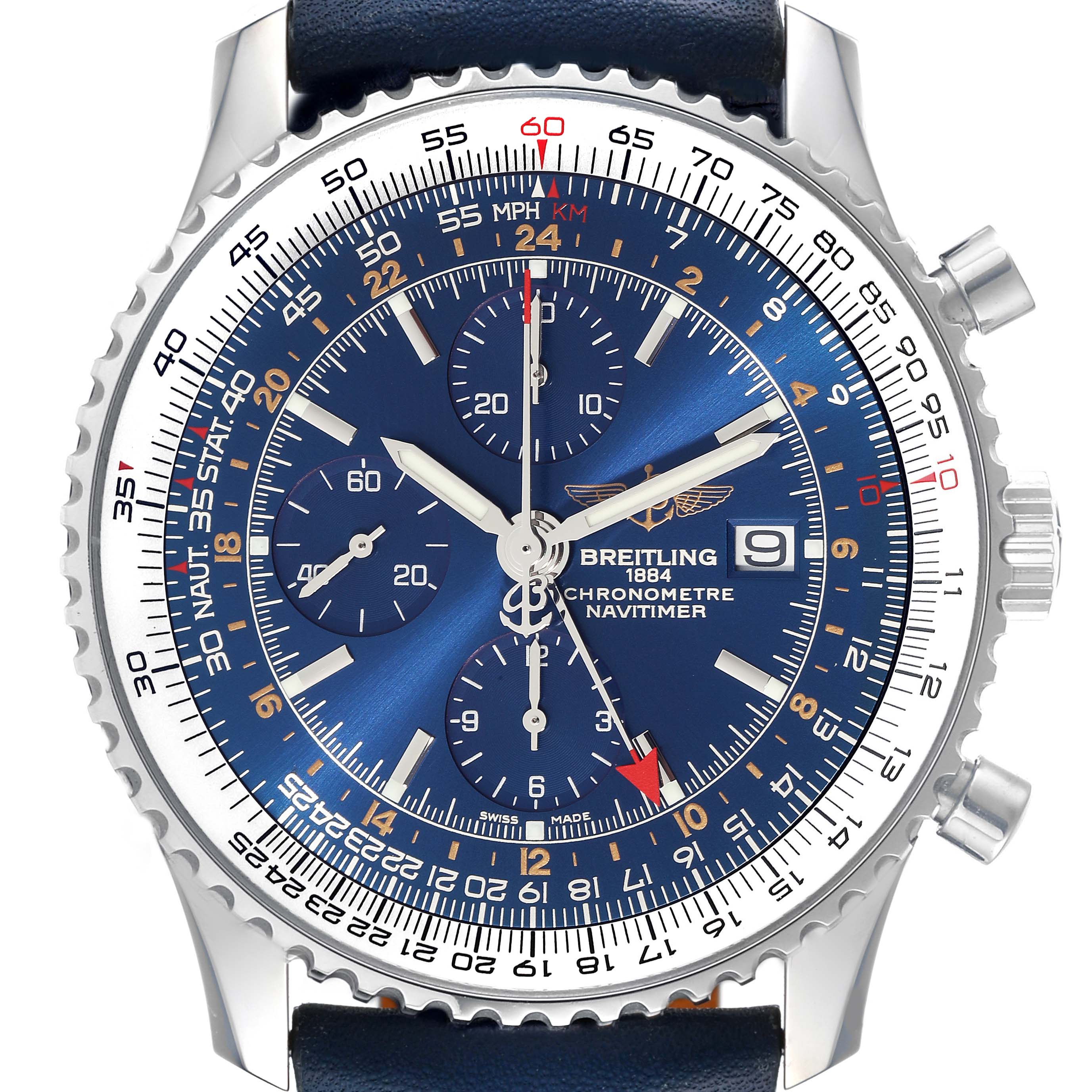 The image shows a front view of the Breitling Navitimer A2432212 Men's Stainless Steel Blue Dial A2432212 Men's Stainless Steel Blue Dial watch, highlighting its blue dial, chronograph subdials, and bezel.