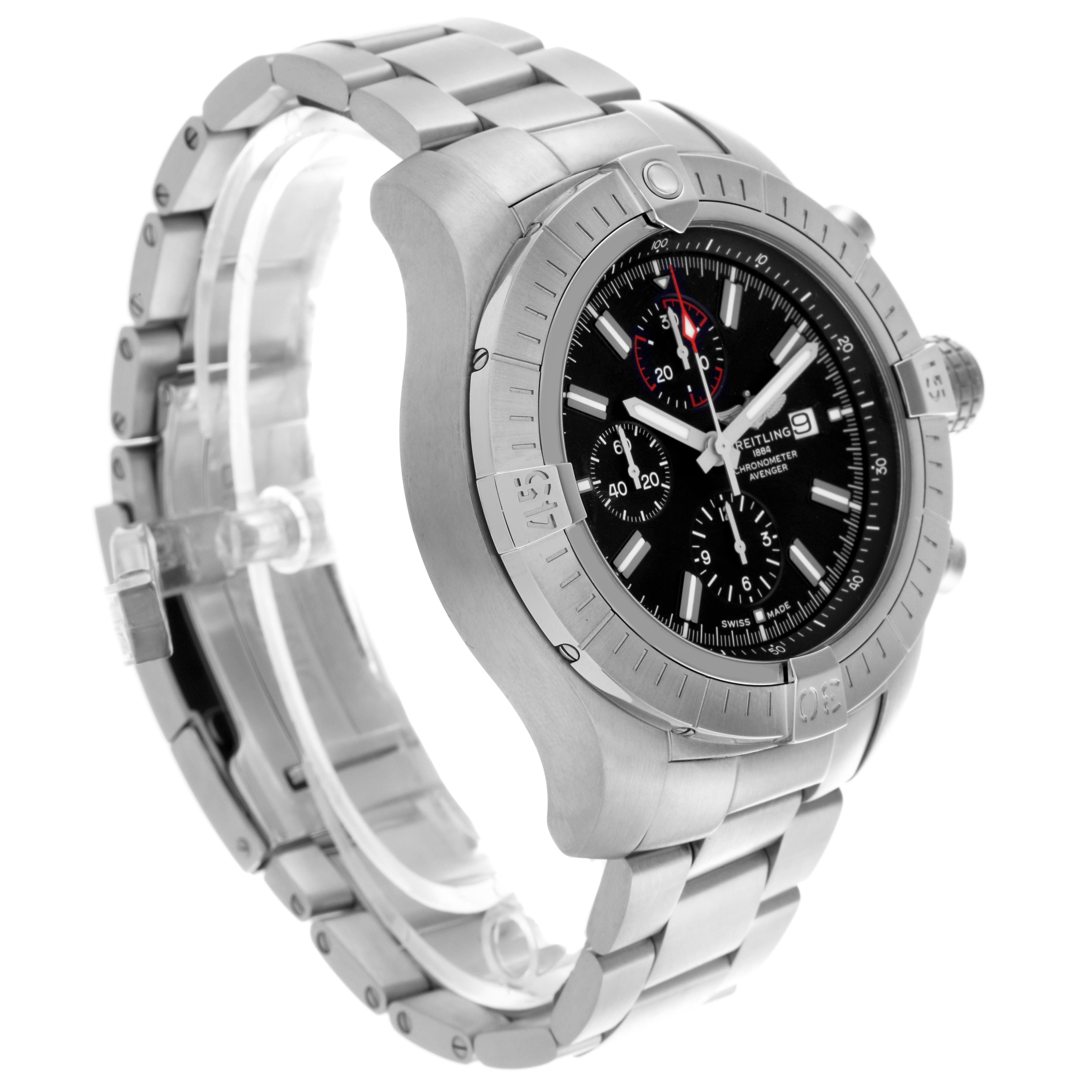 The Breitling Avenger A13375 Men
s Stainless Steel Black Dial A13375 Men
s Stainless Steel Black Dial watch is shown at a three-quarter angle, highlighting the bezel, crown, and stainless steel bracelet.