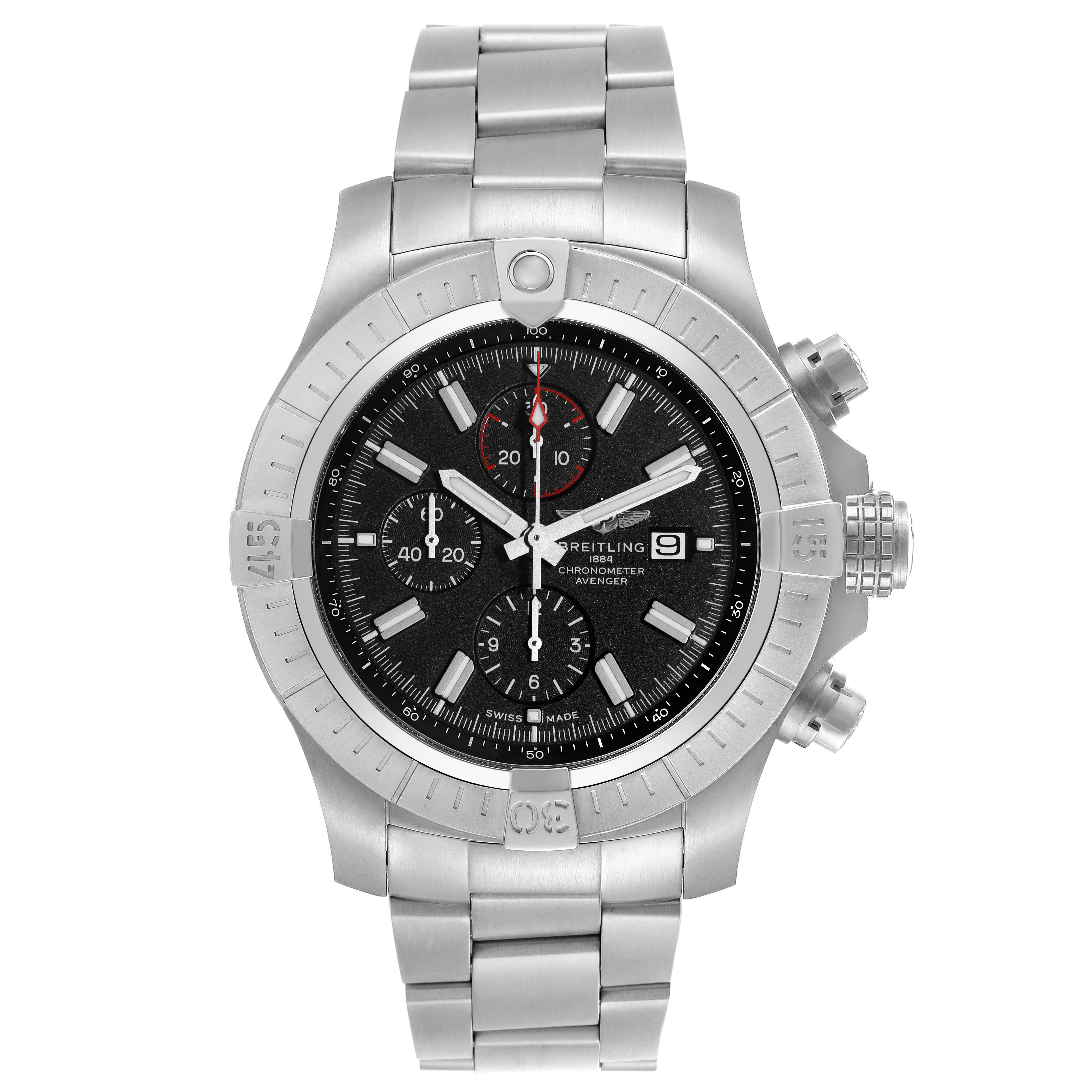 The Breitling Avenger A13375 Men
s Stainless Steel Black Dial A13375 Men
s Stainless Steel Black Dial watch is shown from a top view, highlighting the face, chronographs, bezel, and stainless steel bracelet.