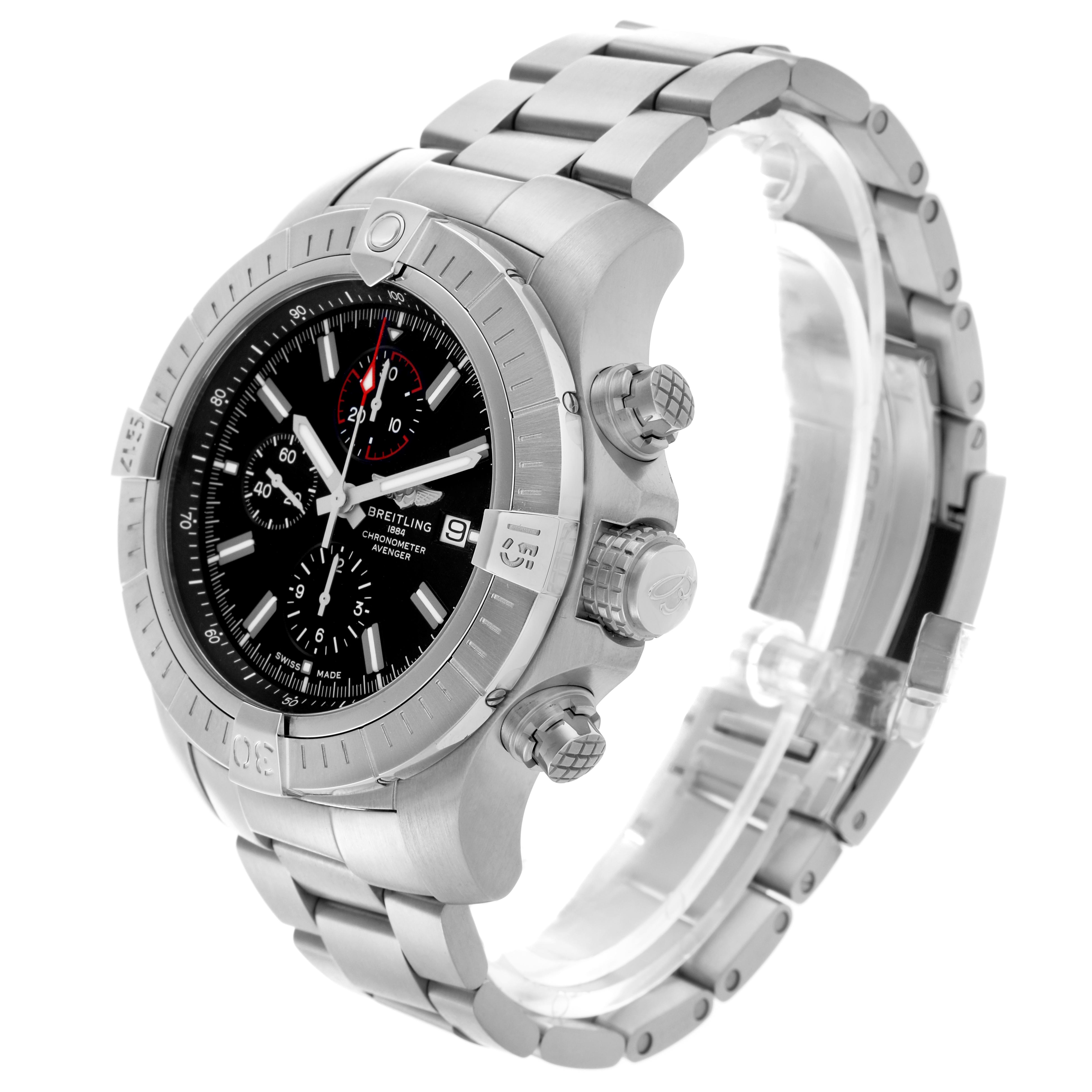 The Breitling Avenger A13375 Men
s Stainless Steel Black Dial A13375 Men
s Stainless Steel Black Dial watch is shown from a three-quarter angle, displaying the face, bezel, pushers, and part of the metal bracelet.