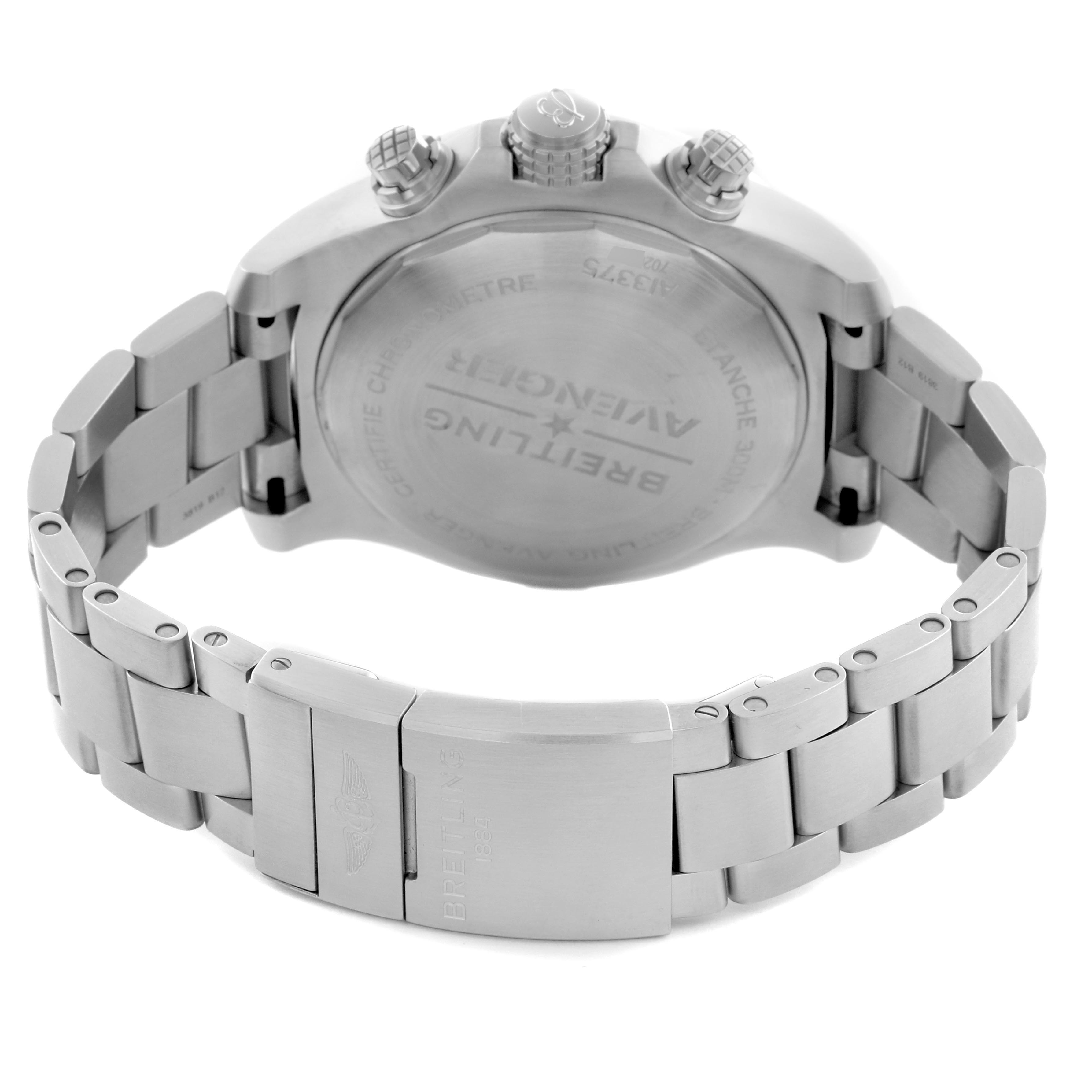 The image shows the back view of a Breitling Avenger A13375 Men
s Stainless Steel Black Dial A13375 Men
s Stainless Steel Black Dial watch, highlighting the case back and metal bracelet with clasp.