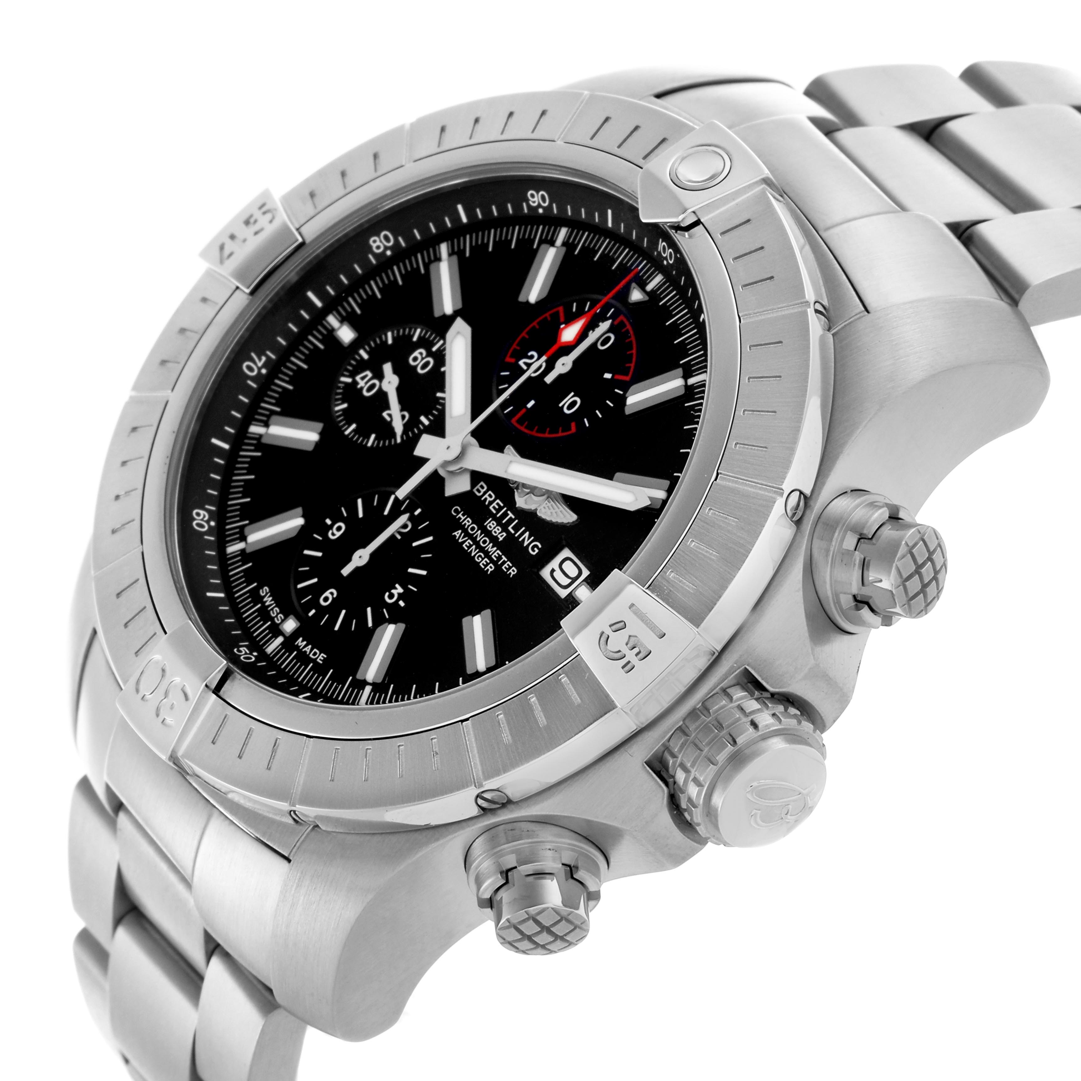 The Breitling Avenger A13375 Men
s Stainless Steel Black Dial A13375 Men
s Stainless Steel Black Dial watch is shown at an angled view, highlighting the face, bezel, crown, pushers, and metal bracelet.