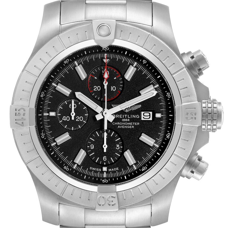 The Breitling Avenger watch is shown from a front angle, displaying the dial, bezel, and chronograph features.