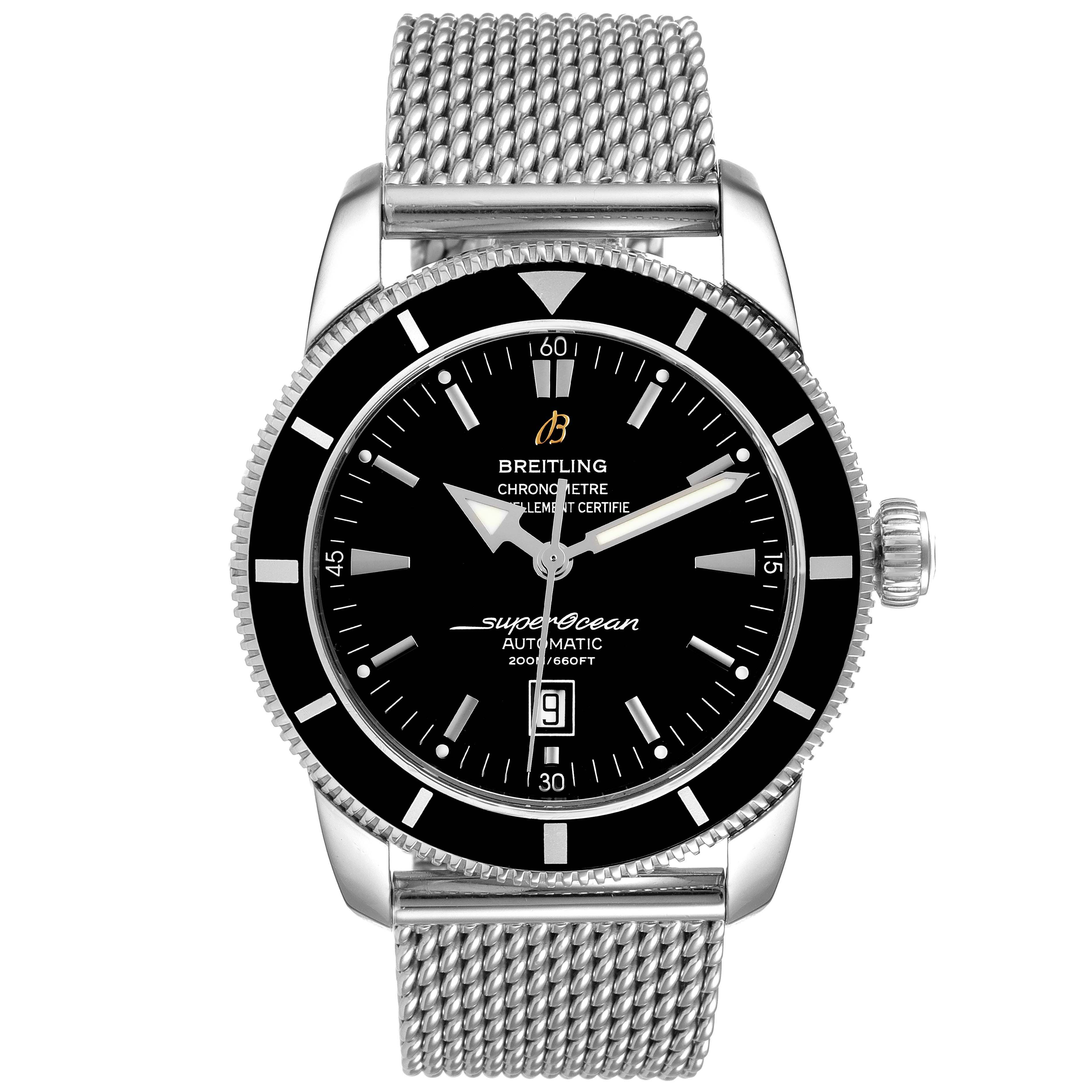 The Breitling Superocean A17320 Men's Stainless Steel Black Dial A17320 Men's Stainless Steel Black Dial watch is shown from the front, highlighting its black dial, stainless steel bezel, and mesh bracelet.