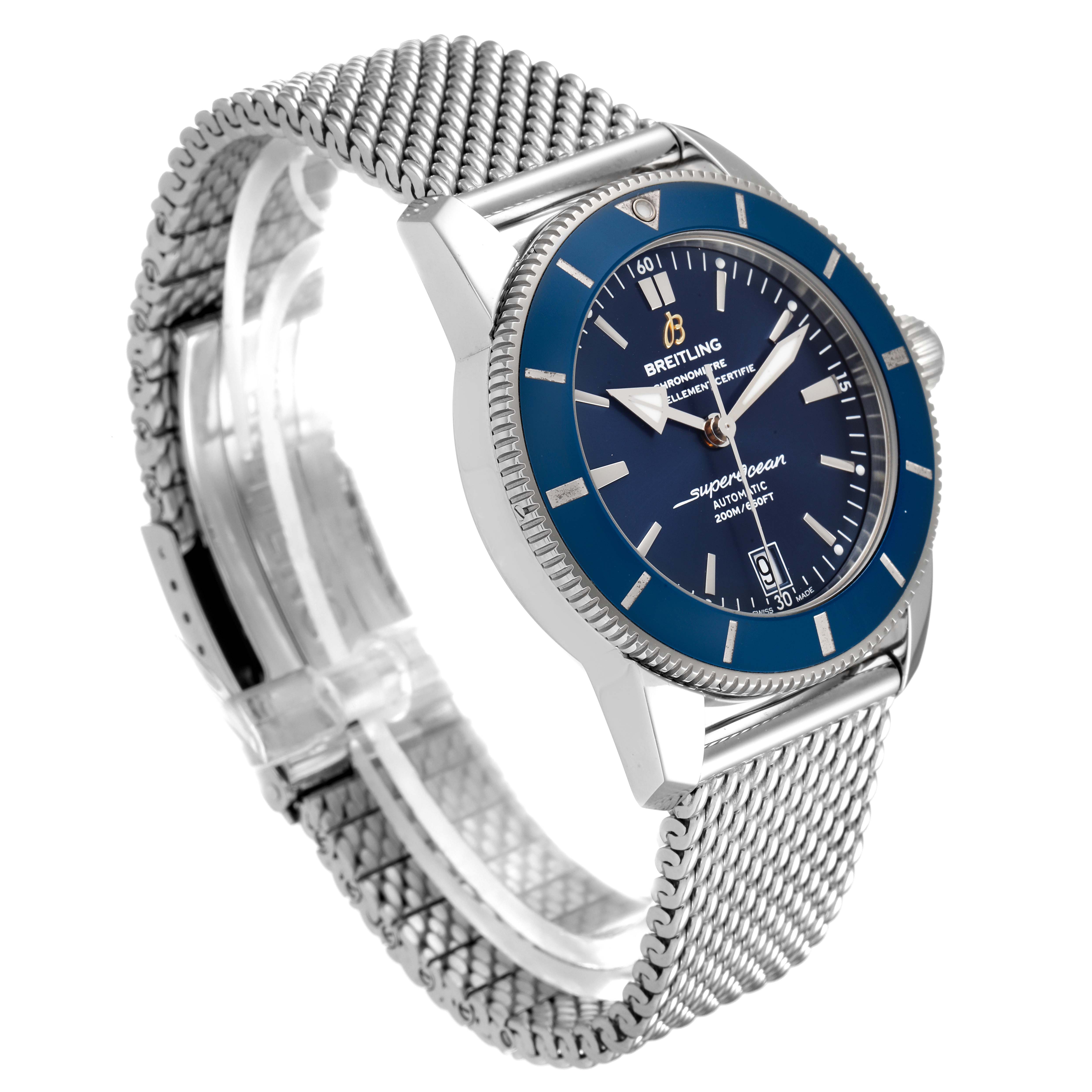 The image shows a Breitling Superocean AB2010161C1A1 Men's Stainless Steel Blue Dial AB2010161C1A1 Men's Stainless Steel Blue Dial watch with a blue dial and a stainless steel mesh bracelet, viewed at a three-quarter angle.
