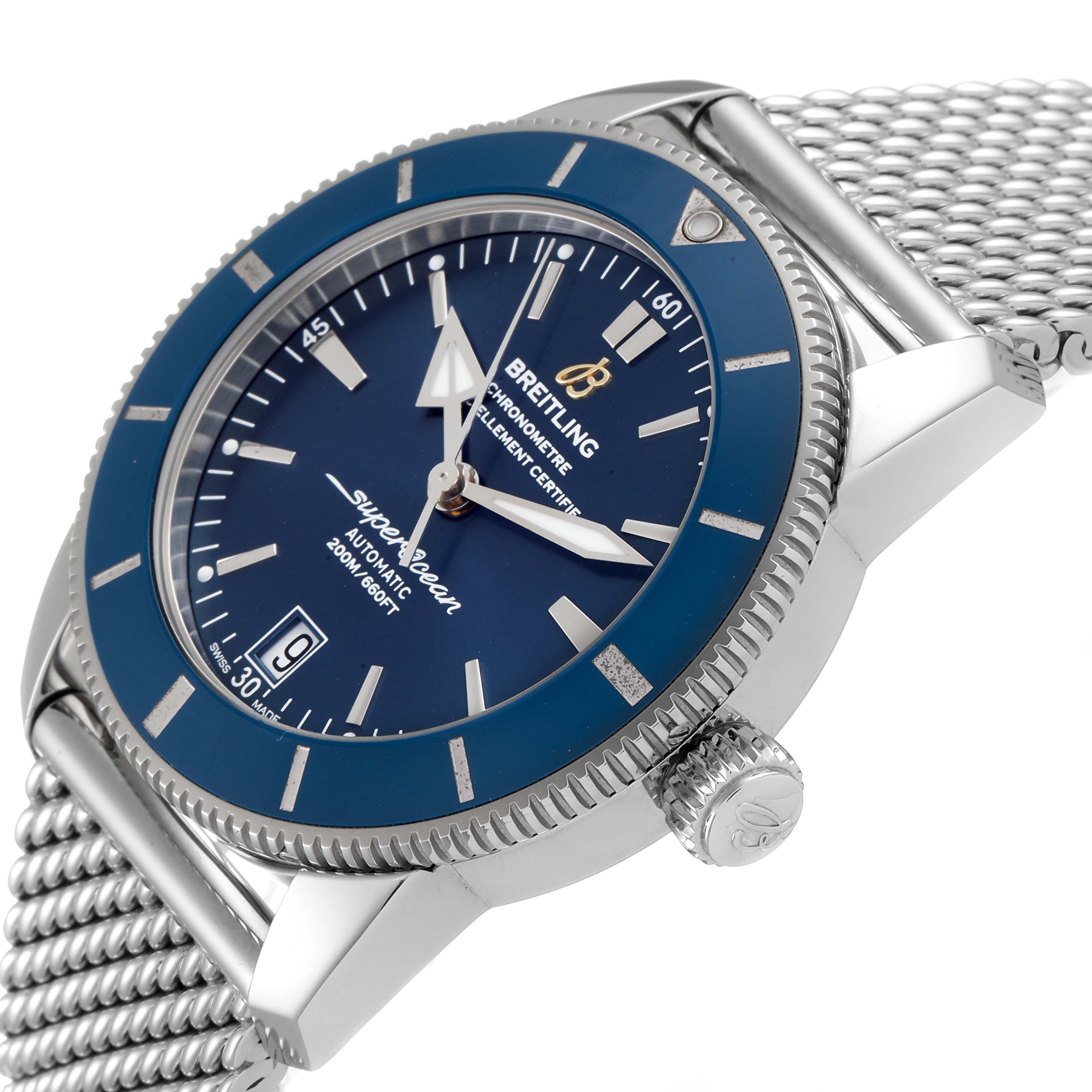 The image shows an angled view of a Breitling Superocean AB2010161C1A1 Men's Stainless Steel Blue Dial AB2010161C1A1 Men's Stainless Steel Blue Dial watch, highlighting the face, bezel, crown, and mesh bracelet.