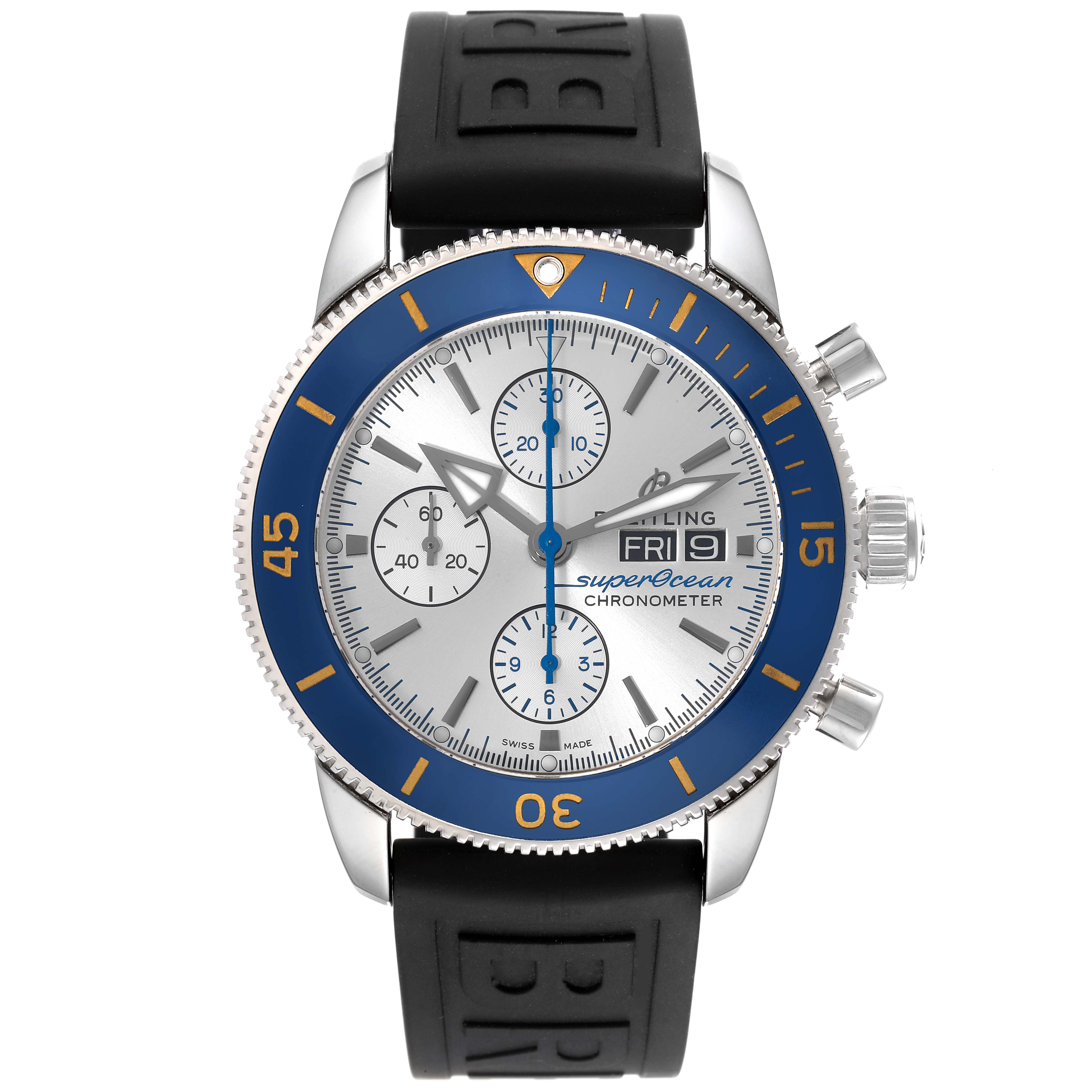 This image shows a frontal view of a Breitling Superocean A13313 Men's Stainless Steel Silver Dial A13313 Men's Stainless Steel Silver Dial watch, highlighting its face, bezel, and strap.