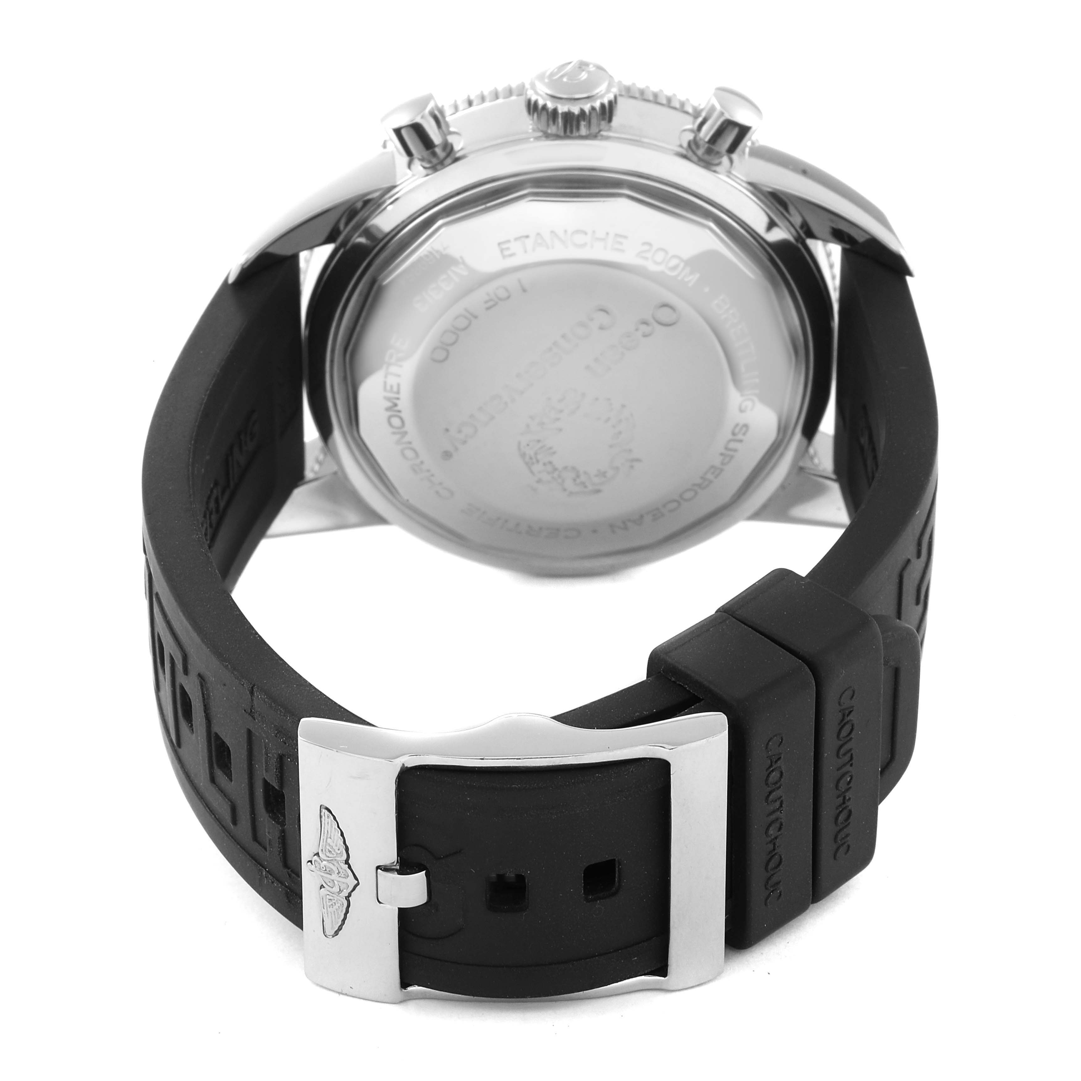 The image shows the back and clasp of a Breitling Superocean A13313 Men's Stainless Steel Silver Dial A13313 Men's Stainless Steel Silver Dial watch with a black rubber strap.