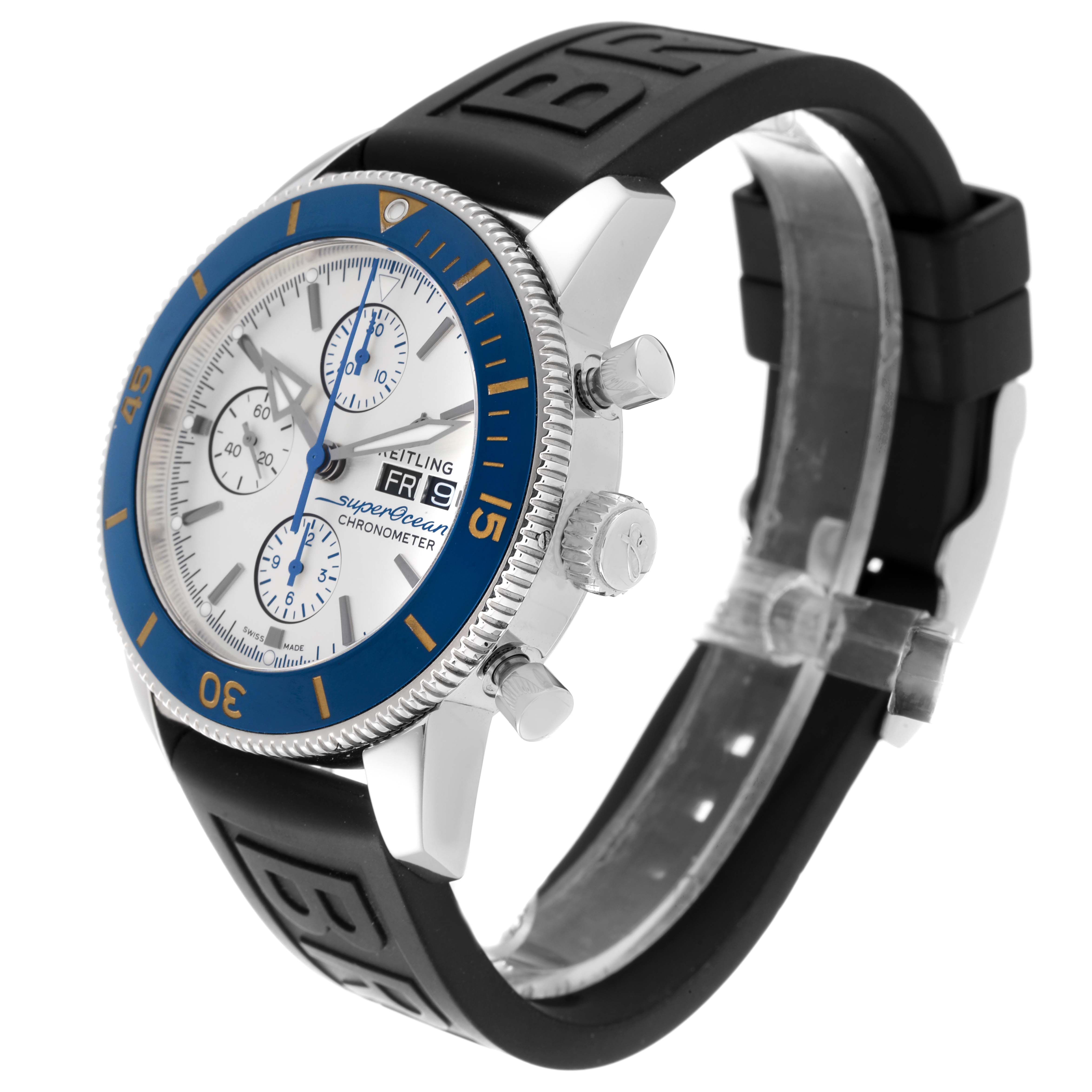 This image shows the Breitling Superocean A13313 Men's Stainless Steel Silver Dial A13313 Men's Stainless Steel Silver Dial watch at a three-quarter angle, highlighting its bezel, dials, and rubber strap.