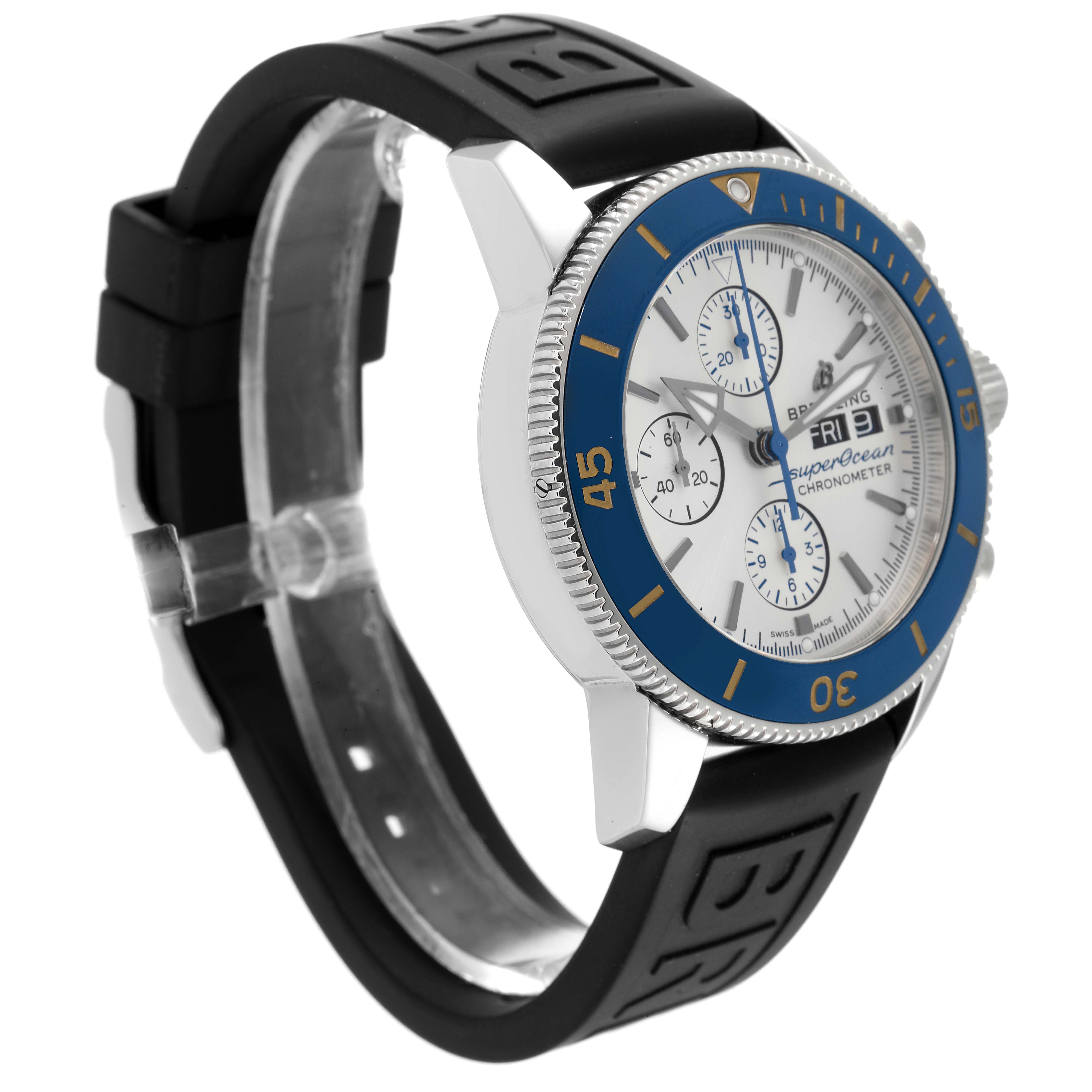 The Breitling Superocean A13313 Men's Stainless Steel Silver Dial A13313 Men's Stainless Steel Silver Dial watch is shown from a front-side angle, highlighting its bezel, dial, and rubber strap.