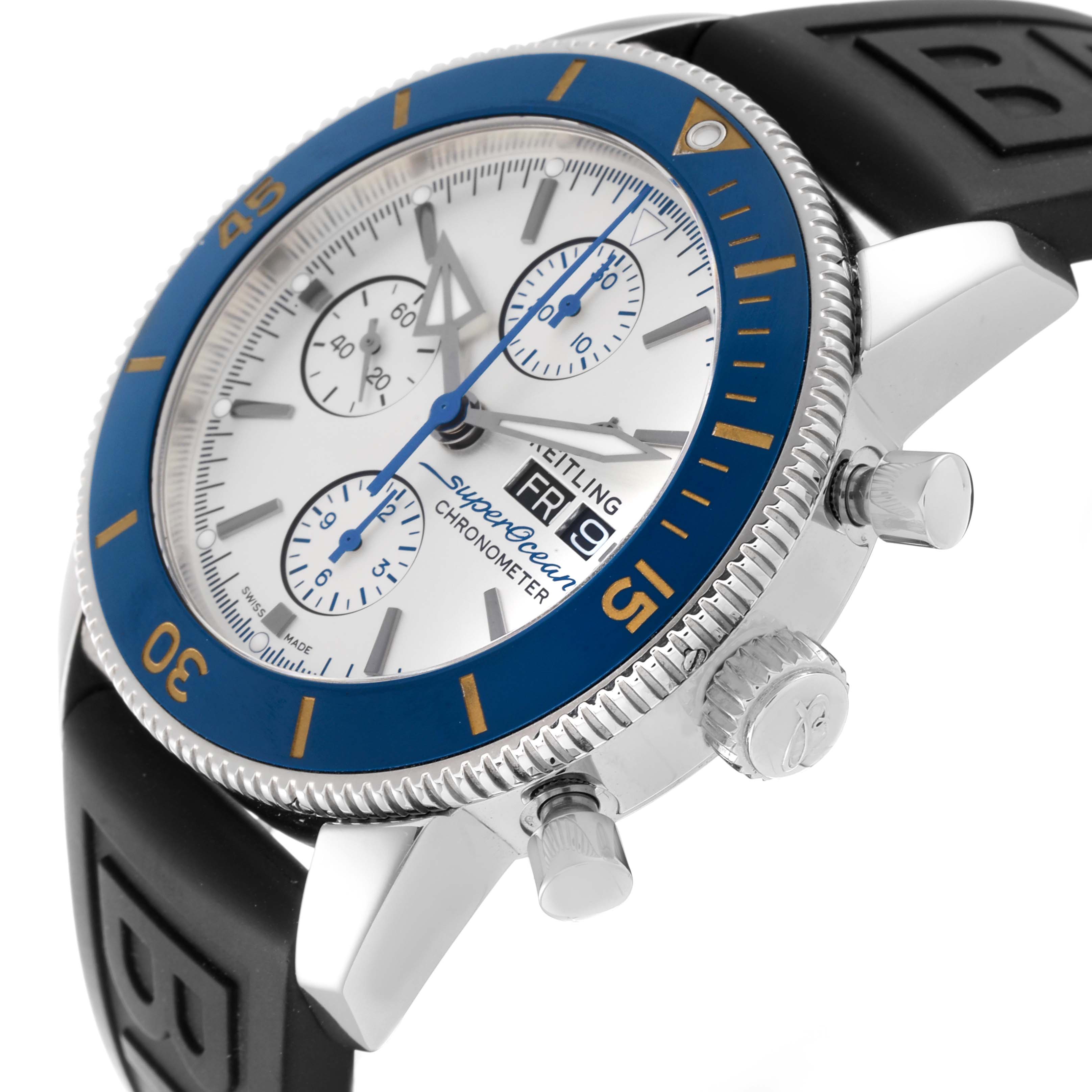 The Breitling Superocean A13313 Men's Stainless Steel Silver Dial A13313 Men's Stainless Steel Silver Dial watch is shown at an angle, displaying its bezel, dial, pushers, and part of the strap.
