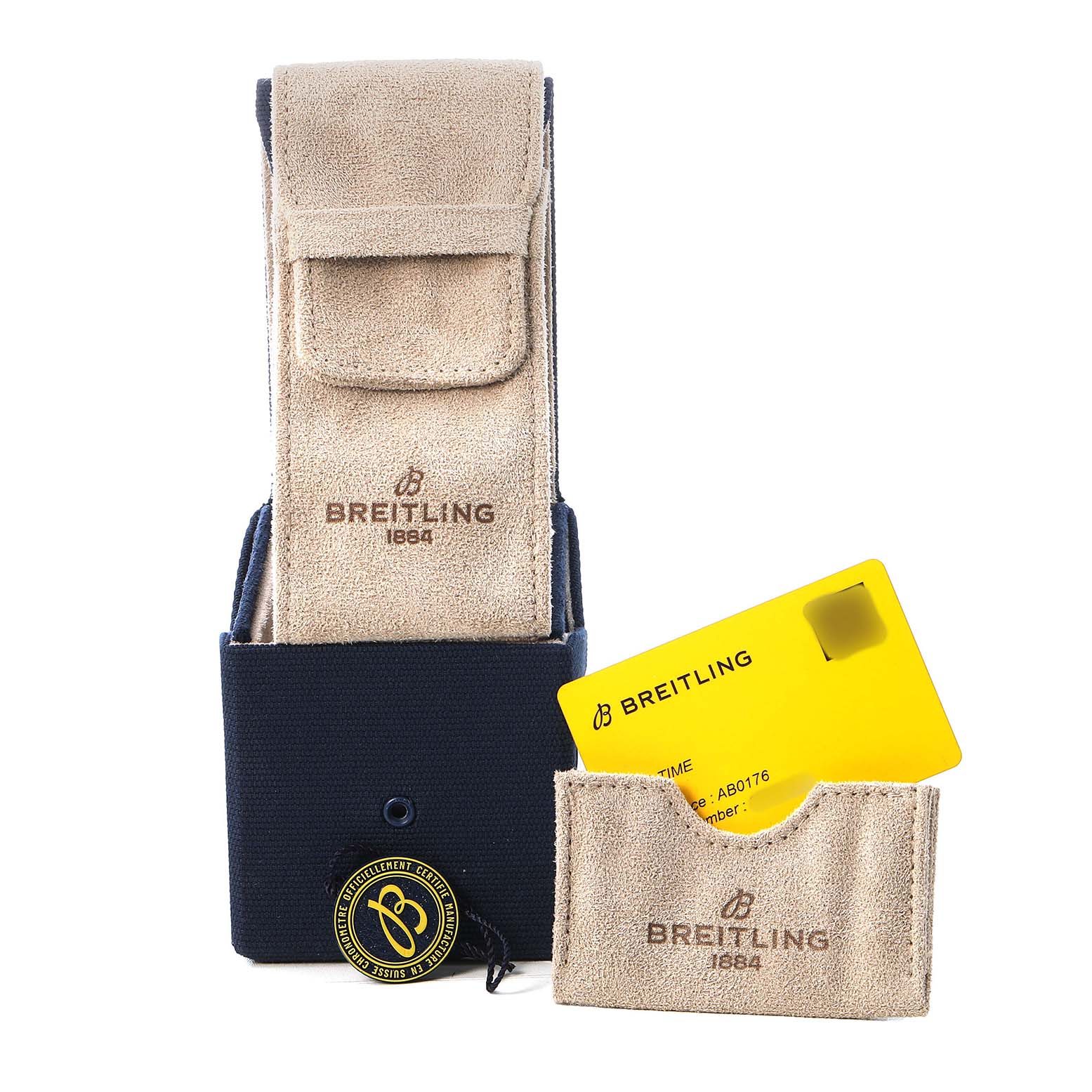 The image shows a Breitling Premier AB0176 Men's Stainless Steel Red Dial watch pouch, yellow warranty card, and tag, viewed from the front.