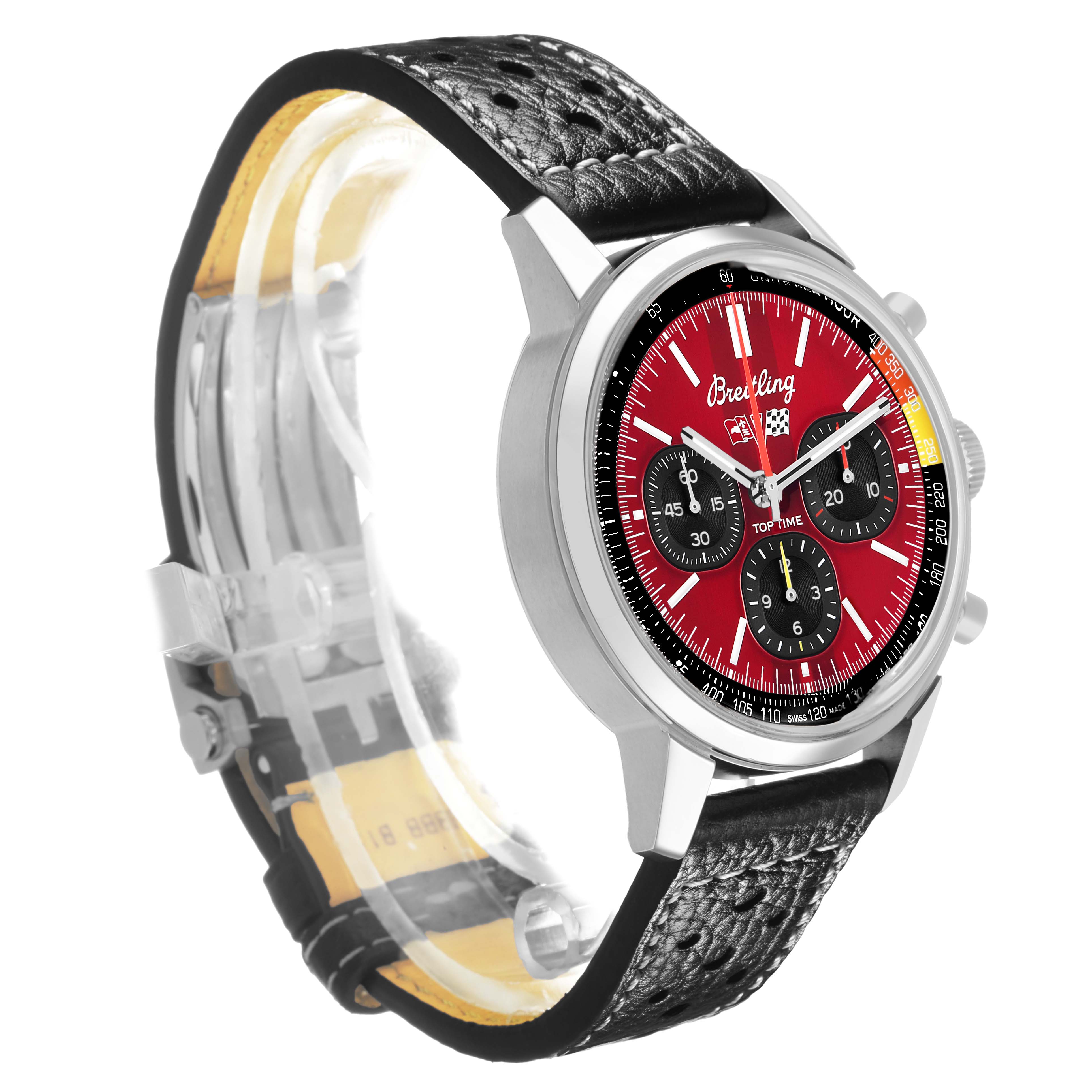 The Breitling Premier AB0176 Men's Stainless Steel Red Dial model watch is shown at a three-quarter angle, highlighting the face, bezel, and leather strap.