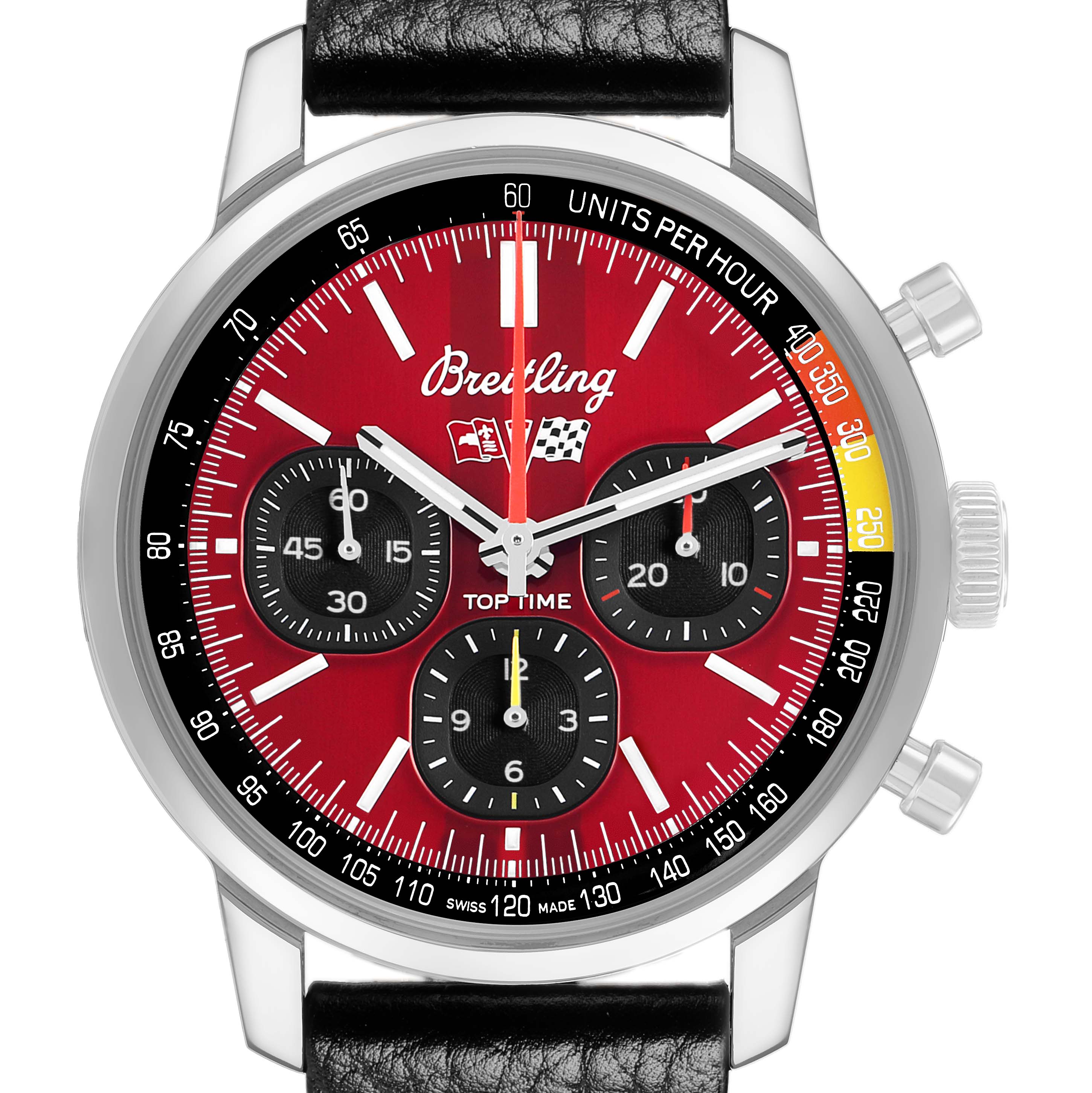 The Breitling Premier AB0176 Men's Stainless Steel Red Dial watch is shown from a front angle, displaying the dial, subdials, bezel, and black leather strap.