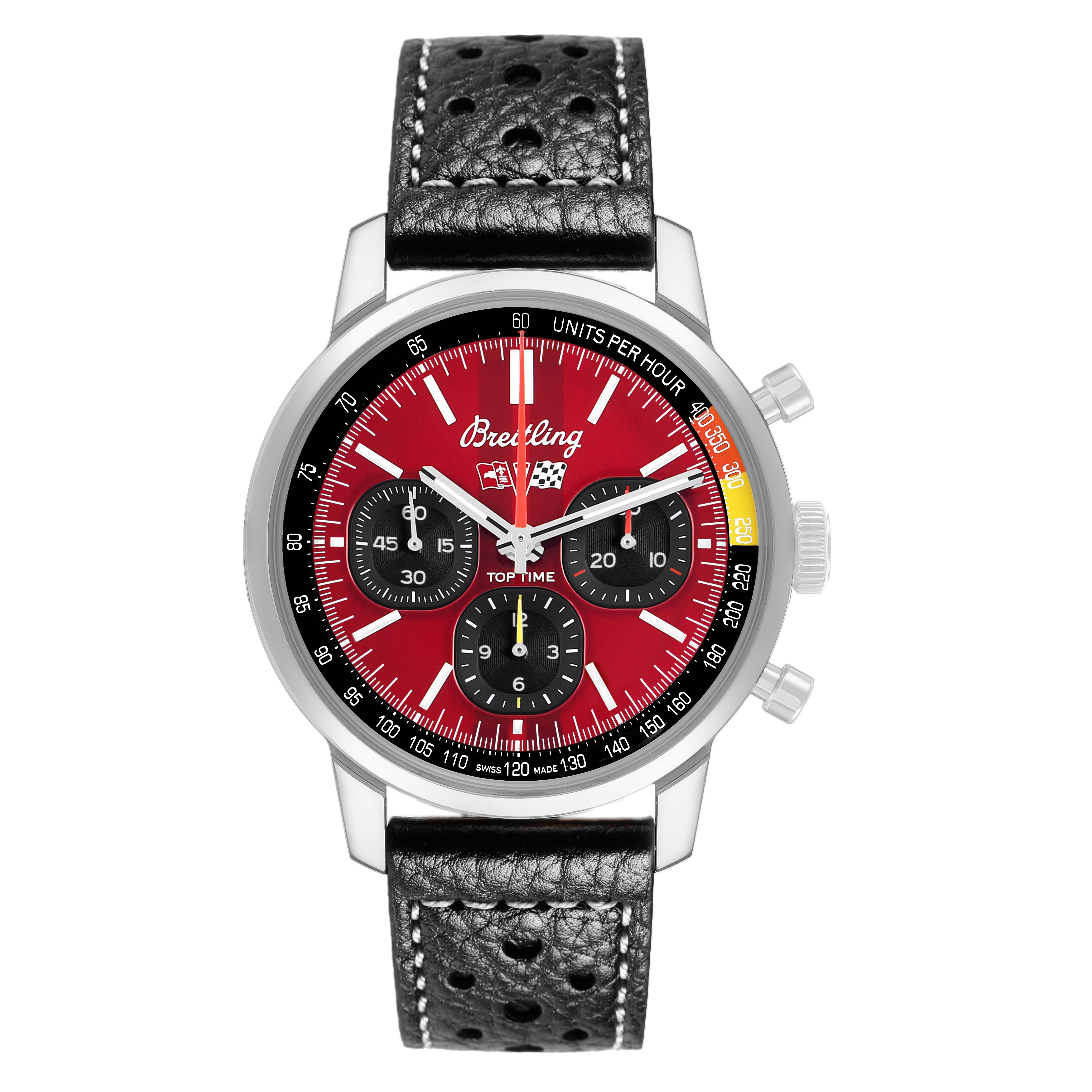 The Breitling Premier AB0176 Men's Stainless Steel Red Dial watch is shown from a front angle, displaying the dial, bezel, case, and perforated leather strap.