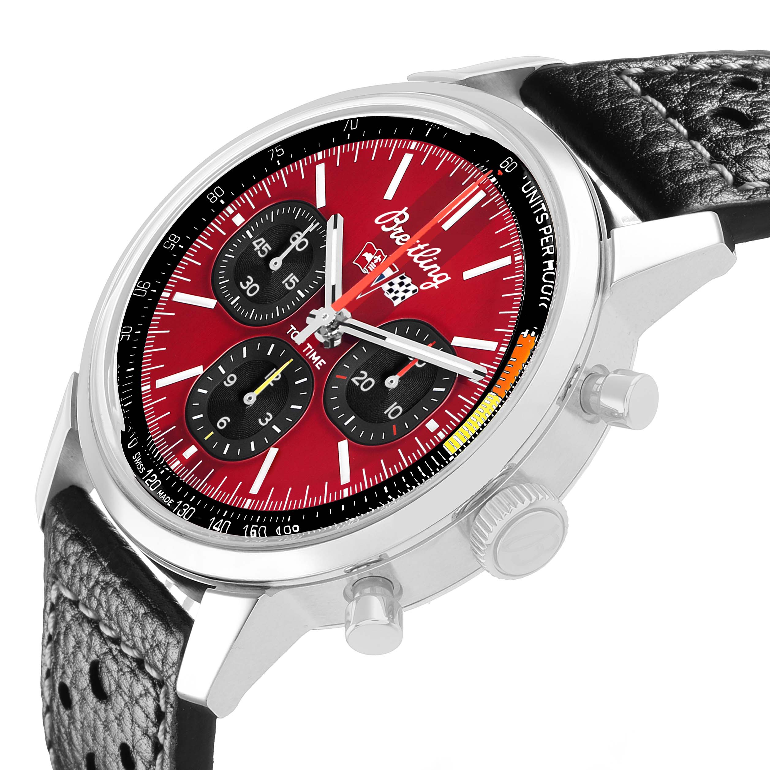 The Breitling Premier AB0176 Men's Stainless Steel Red Dial watch is shown at a three-quarter angle, highlighting the red dial, subdials, crown, and pushers.