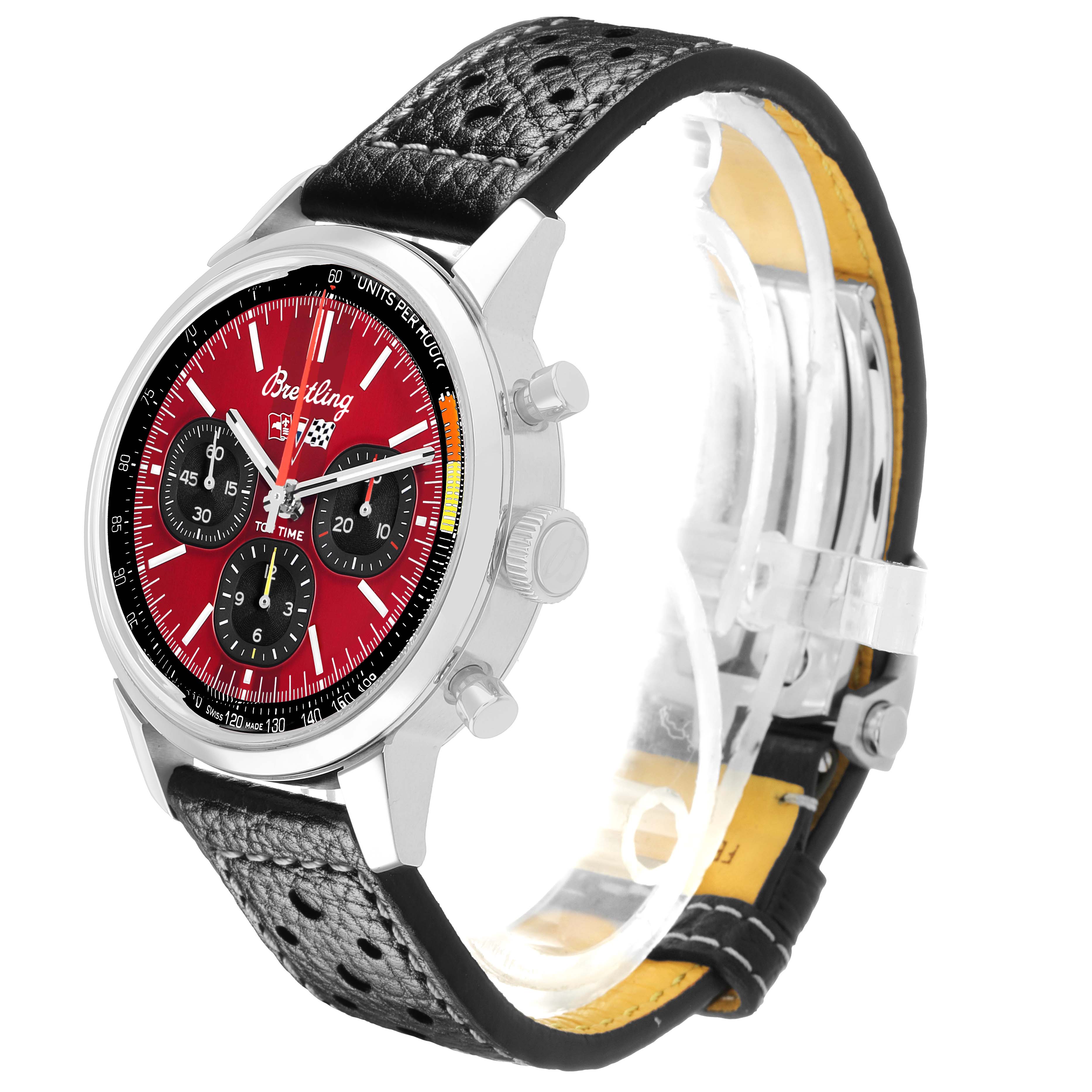 The Breitling Premier AB0176 Men's Stainless Steel Red Dial watch is shown at a side angle, highlighting the red dial, subdials, crown, pushers, and black leather strap.