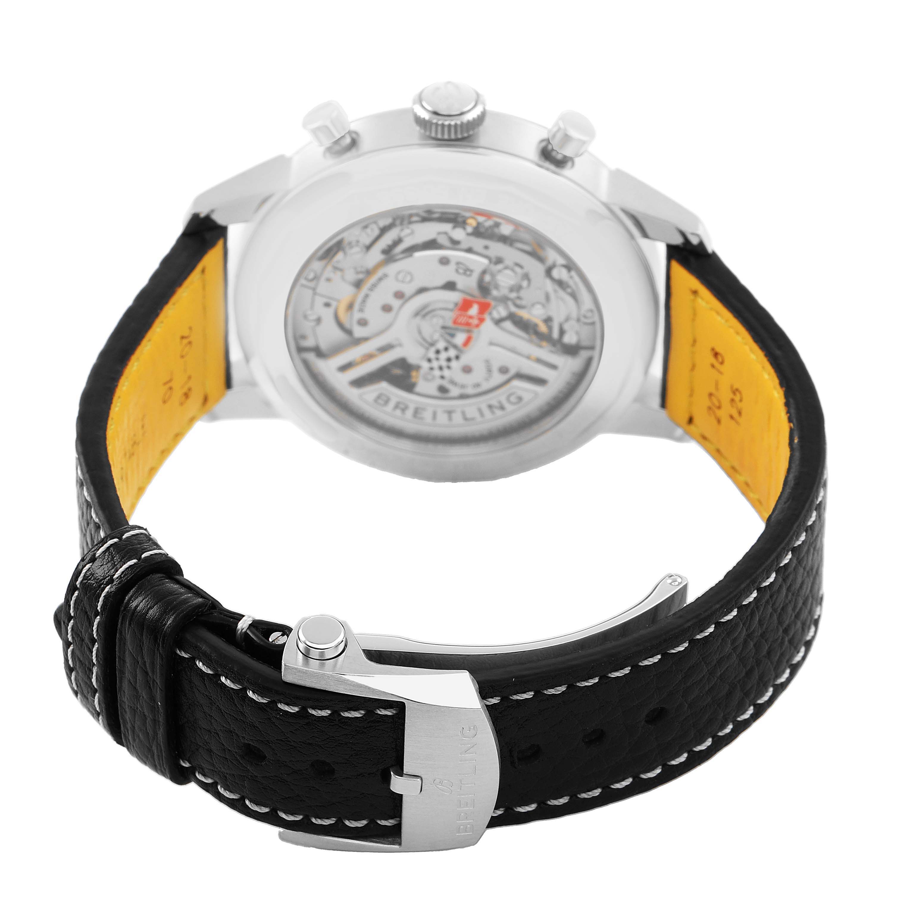The Breitling Premier AB0176 Men's Stainless Steel Red Dial watch is shown from the back, highlighting the transparent case back and part of the leather strap with its buckle.