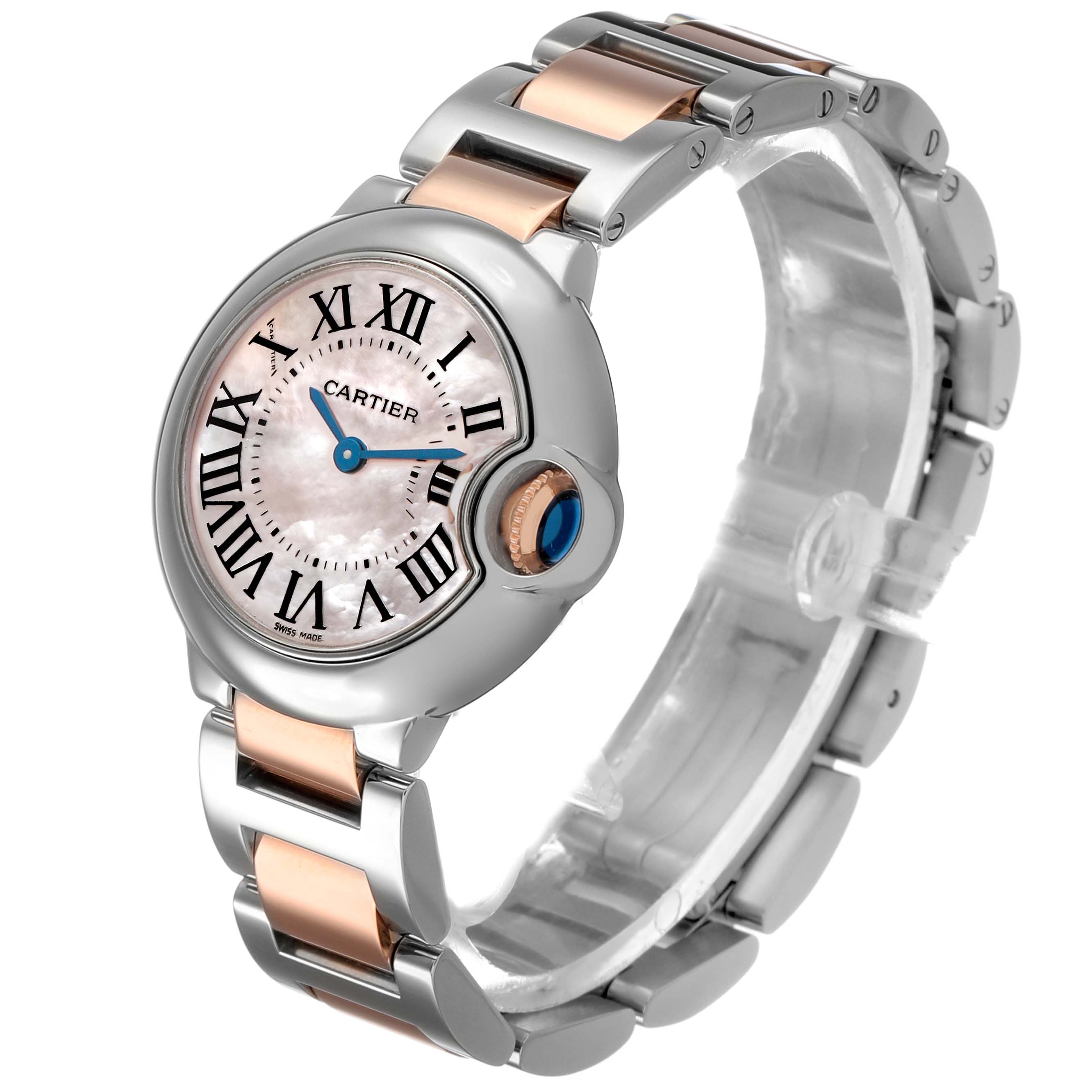 The Cartier Ballon Bleu W6920034 Women's Steel and Gold (two tone) Mother of Pearl Dial watch is shown at a three-quarter view, displaying the dial, crown, and bracelet.