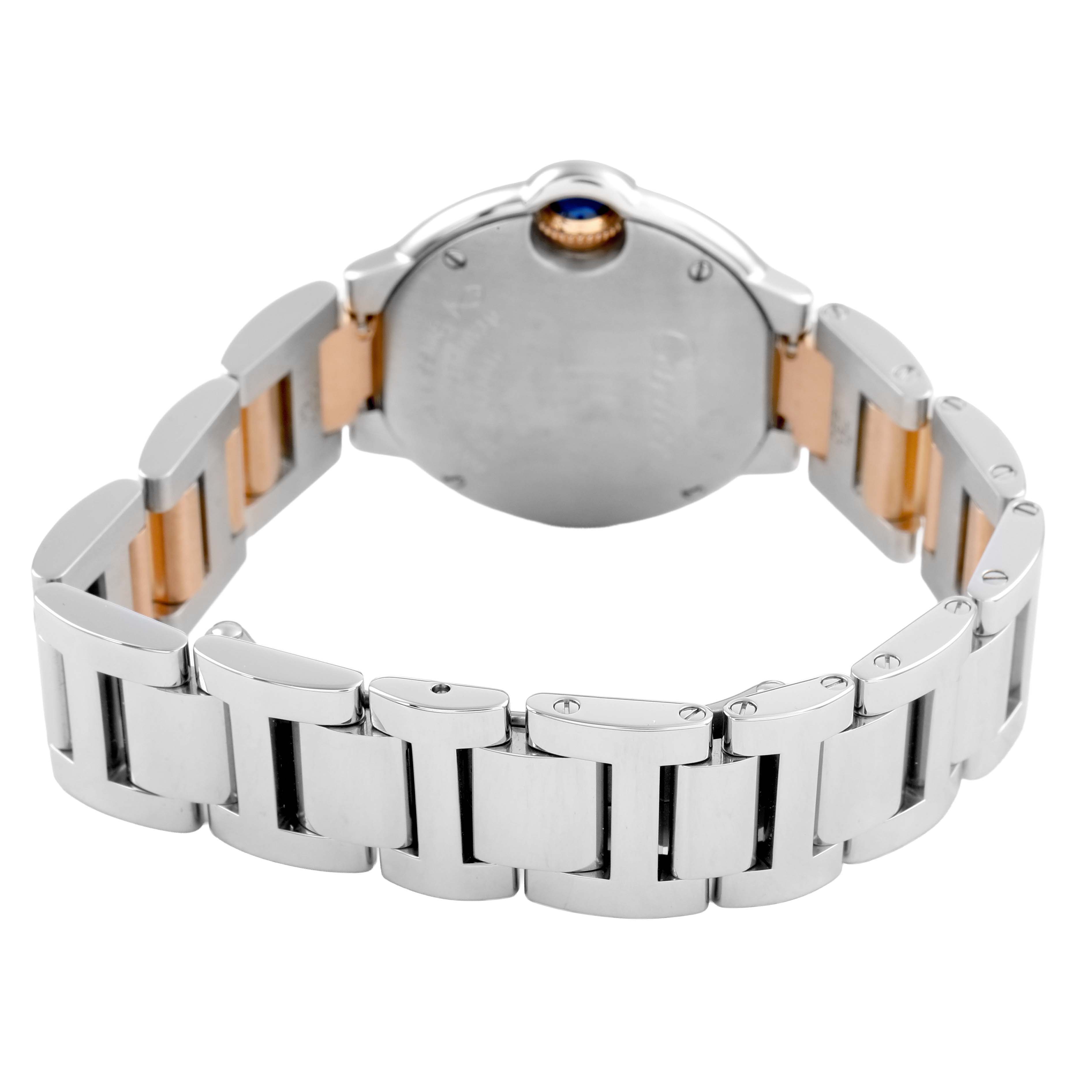 The image shows the back view of a Ballon Bleu de Cartier watch focusing on the bracelet and case back.