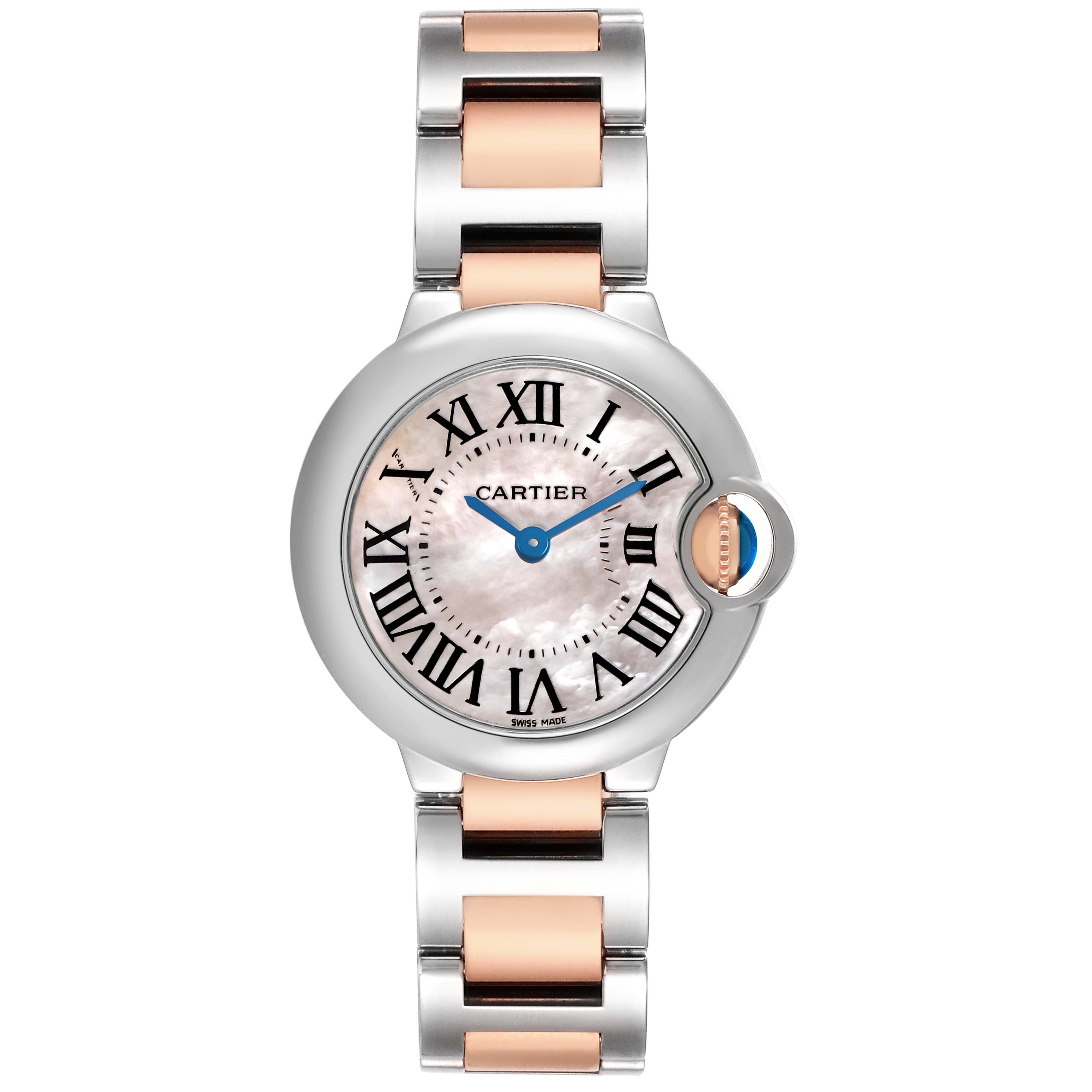 The Cartier Ballon Bleu W6920034 Women's Steel and Gold (two tone) Mother of Pearl Dial watch is shown from a frontal angle, highlighting the face, Roman numerals, and bracelet design.