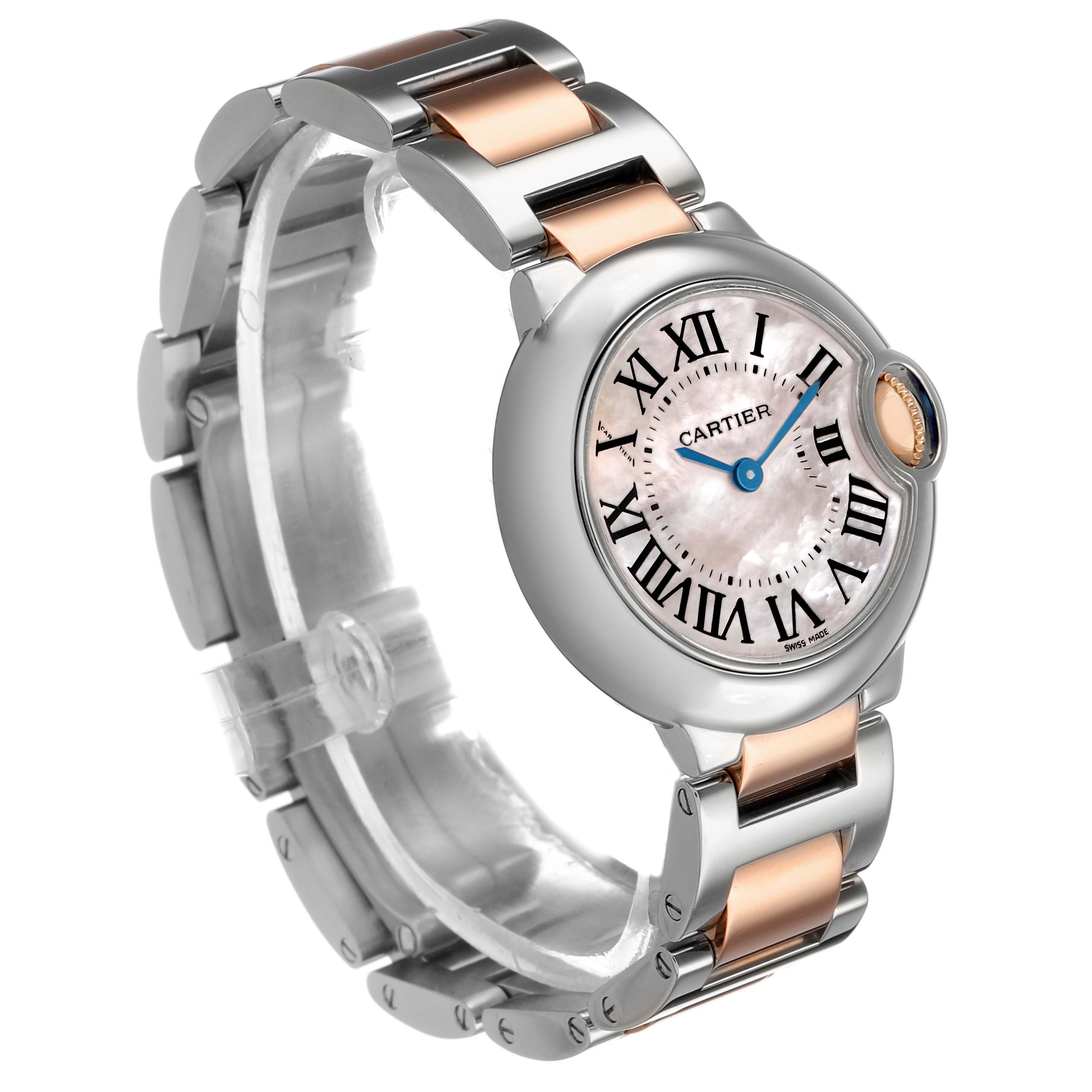 The Cartier Ballon Bleu W6920034 Women's Steel and Gold (two tone) Mother of Pearl Dial watch is shown at a three-quarter angle, highlighting its face, crown, and two-tone metal bracelet.
