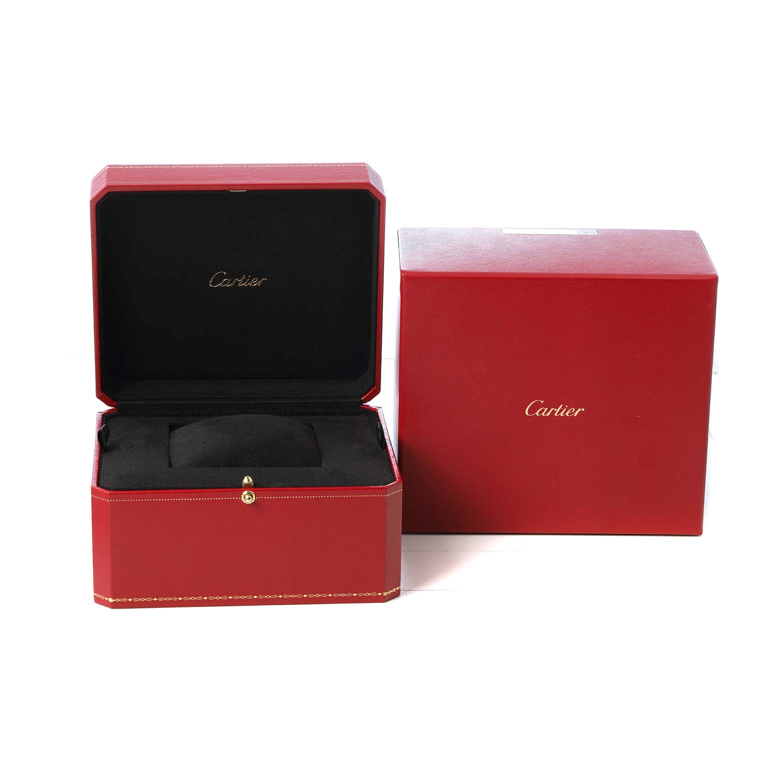 The image shows an open red Cartier Ballon Bleu WGBB0009 Women's Rose Gold Silver Dial watch box with a black interior, and a closed outer box.