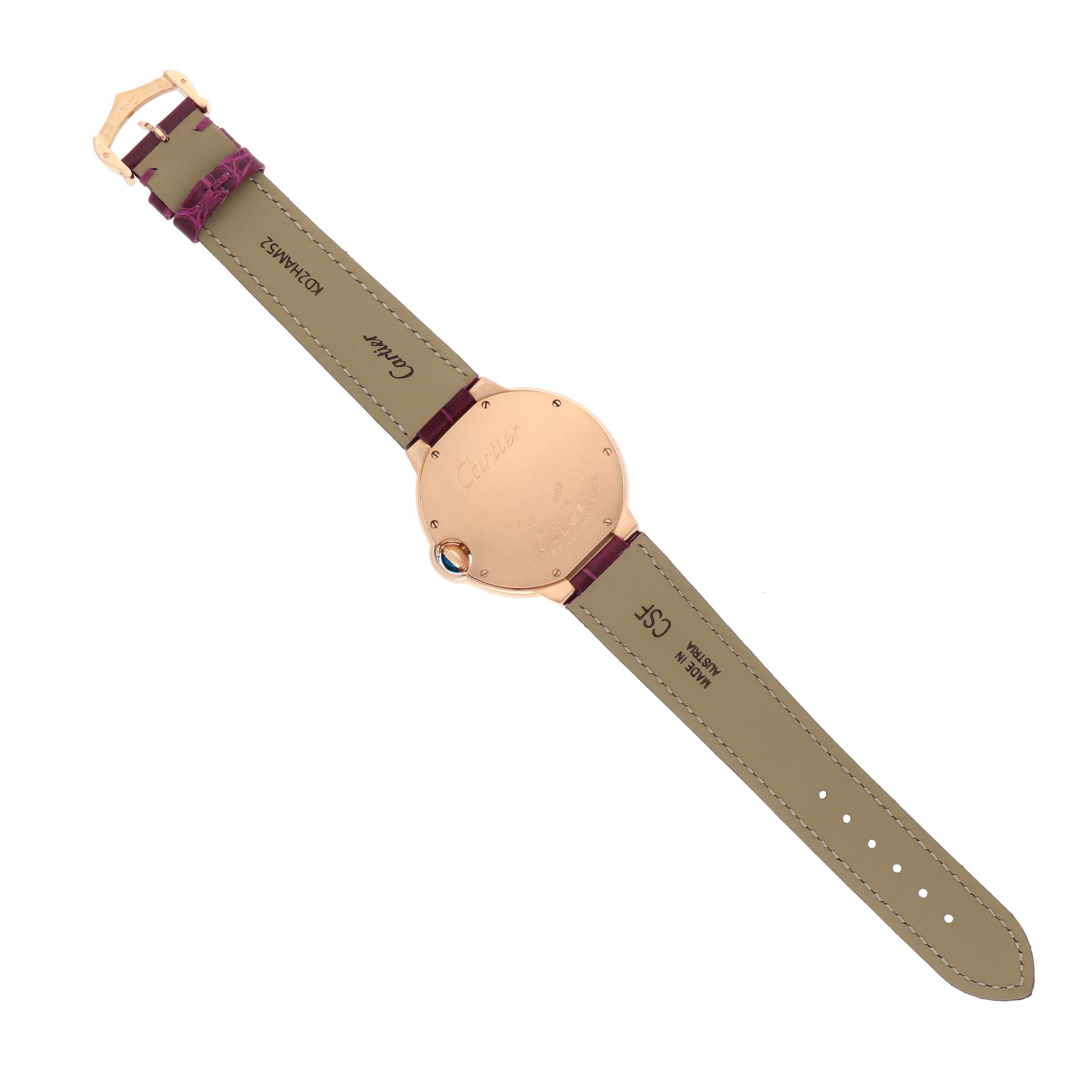 The image shows a Ballon Bleu de Cartier watch viewed from the back, highlighting the case back, strap, and clasp.