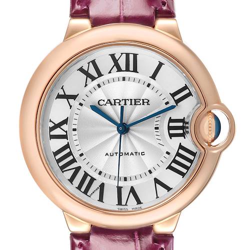 The Cartier Ballon Bleu WGBB0009 Women's Rose Gold Silver Dial watch is shown from the front, highlighting its face, Roman numerals, and crown.