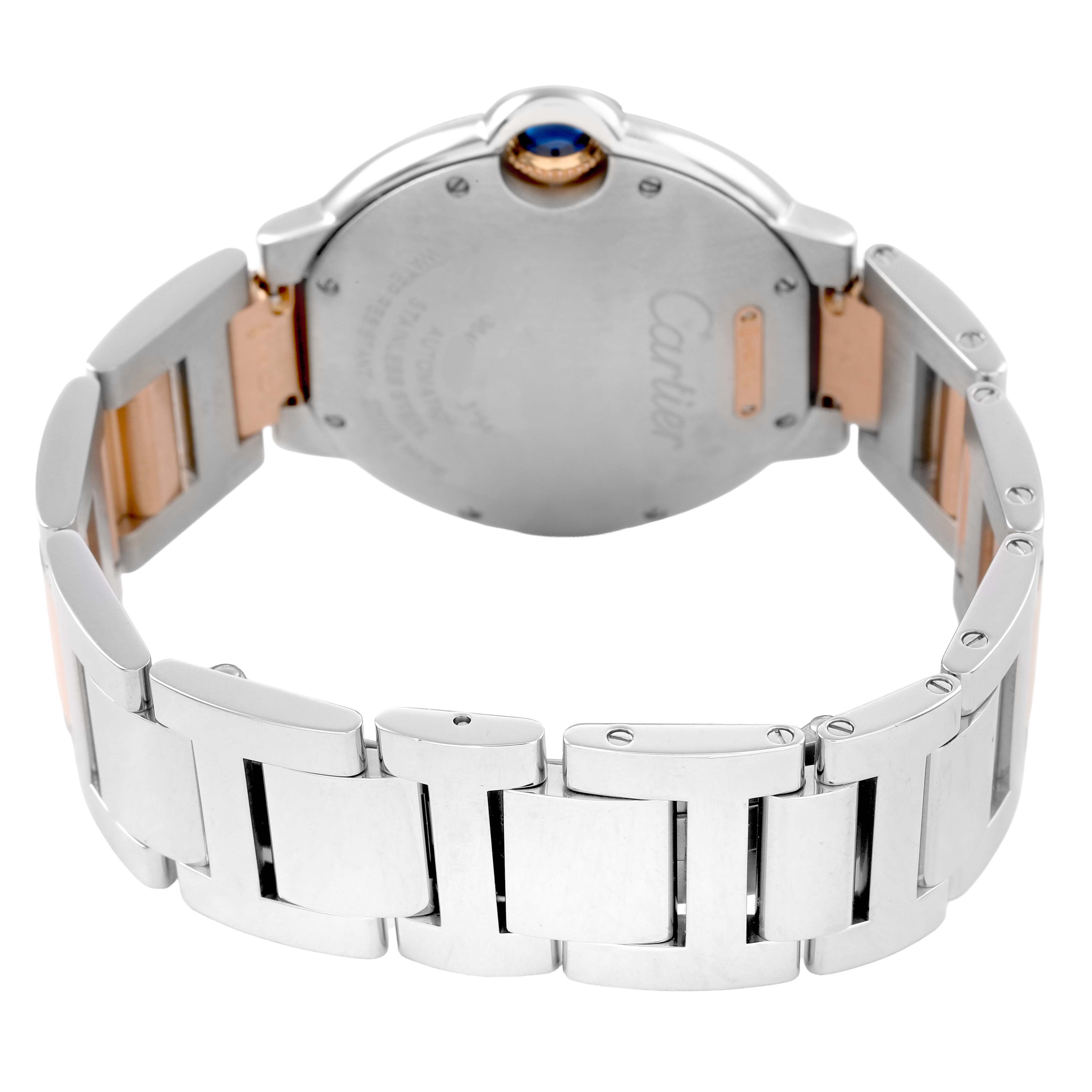 The image shows the back and bracelet of the Cartier Ballon Bleu W3BB0004 Women's Steel and Gold (two tone) Silver Dial watch from a rear angle, highlighting the clasp and case back.