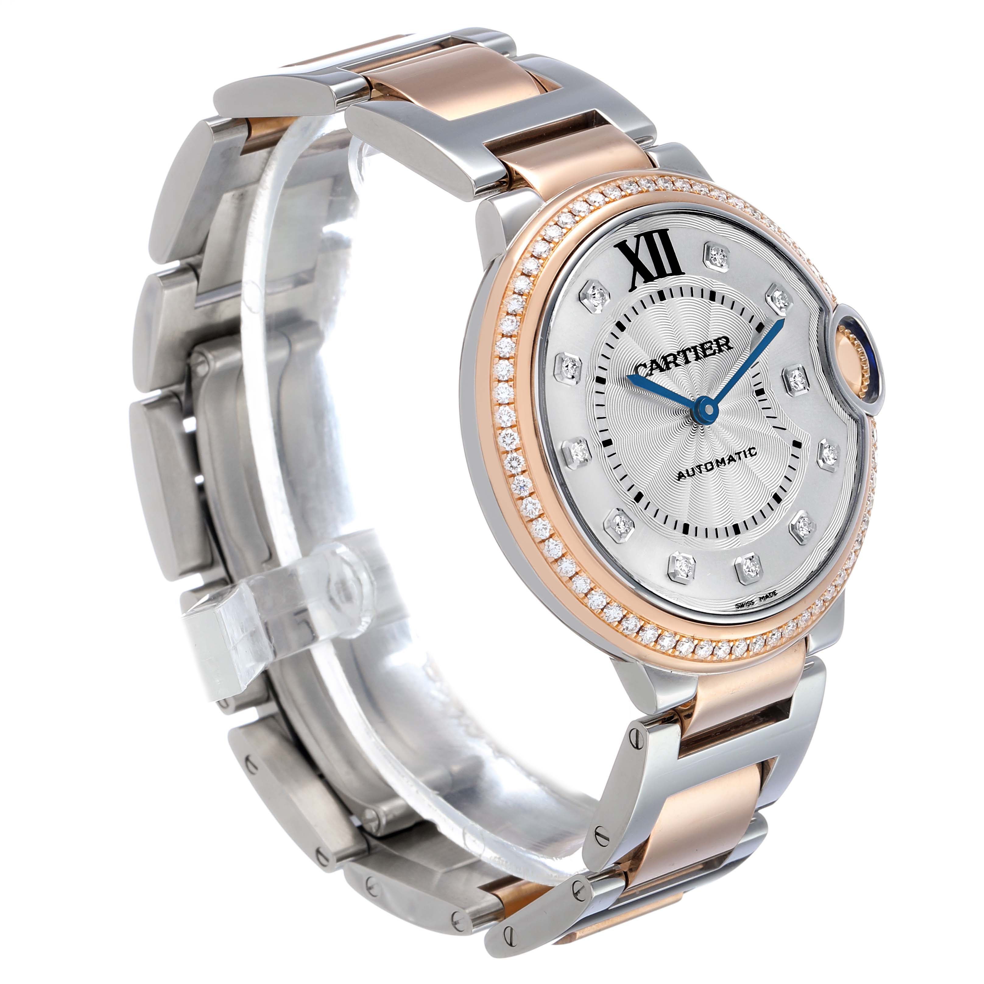 The Cartier Ballon Bleu W3BB0004 Women's Steel and Gold (two tone) Silver Dial watch is shown at a three-quarter angle, highlighting the face, bezel, and two-tone bracelet.
