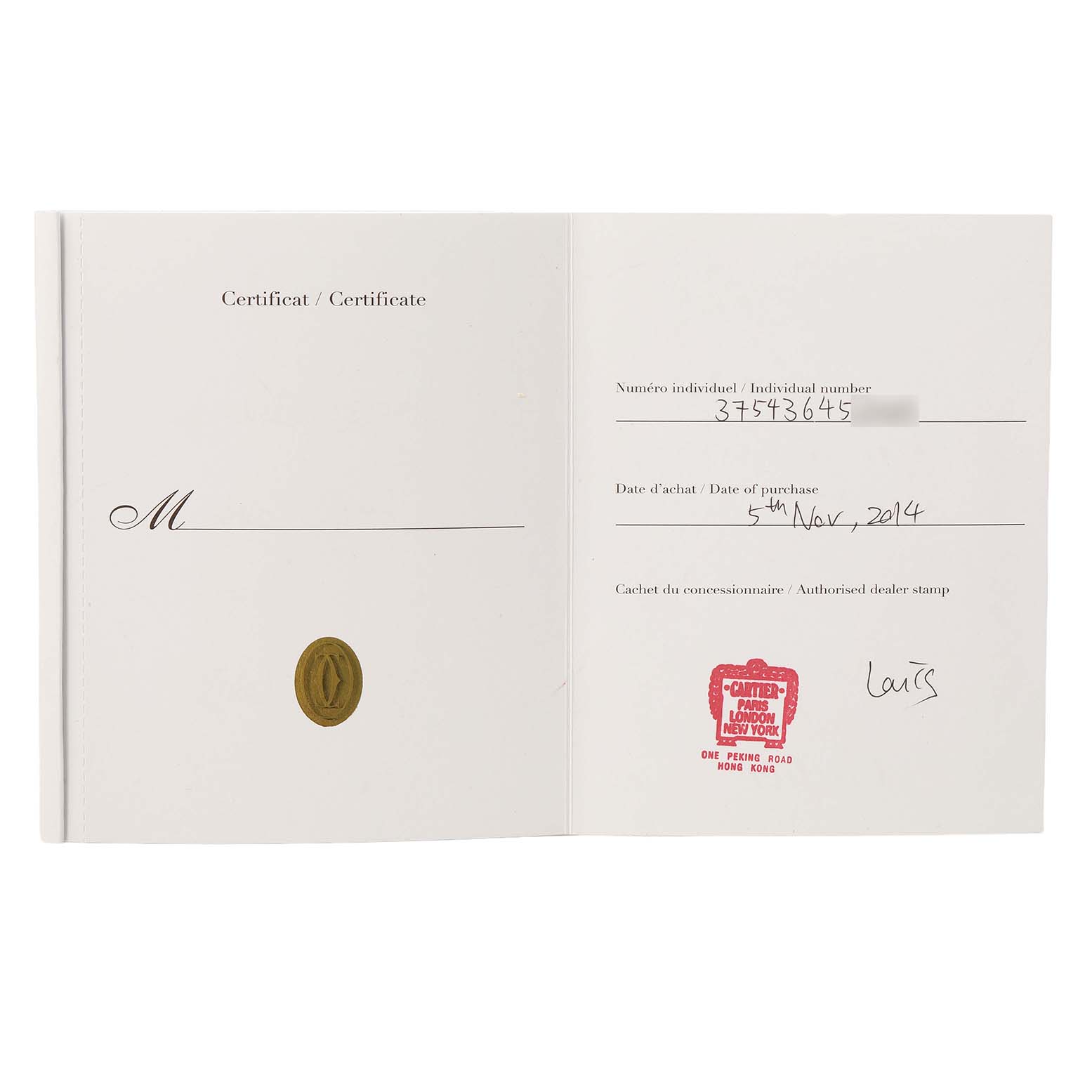 The image shows a certificate for a Ballon Bleu by Cartier, displaying the purchase date and dealer stamp.
