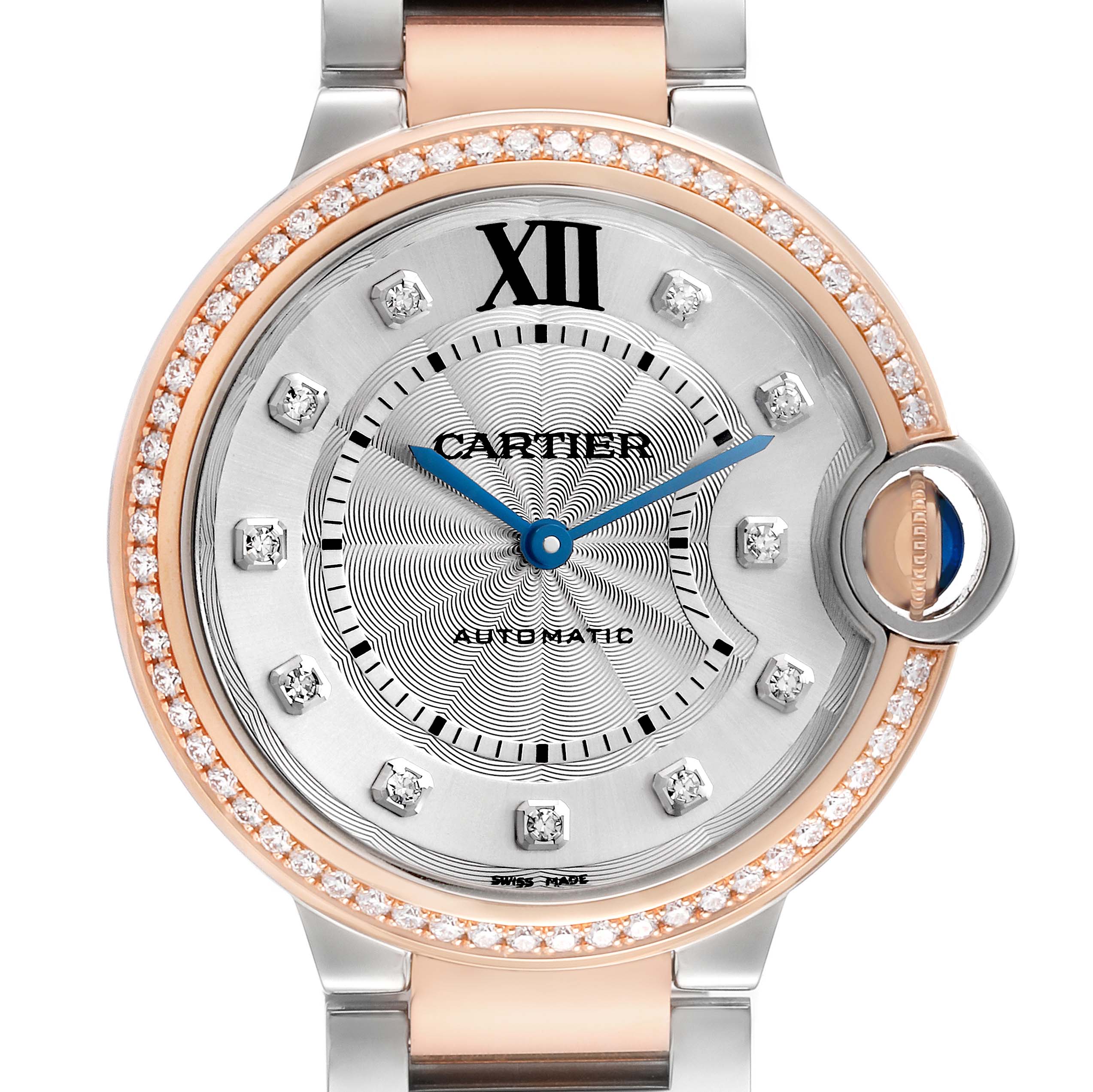 The Cartier Ballon Bleu W3BB0004 Women's Steel and Gold (two tone) Silver Dial watch is shown from a front angle, highlighting the dial, diamond bezel, crown, and partially the bracelet.