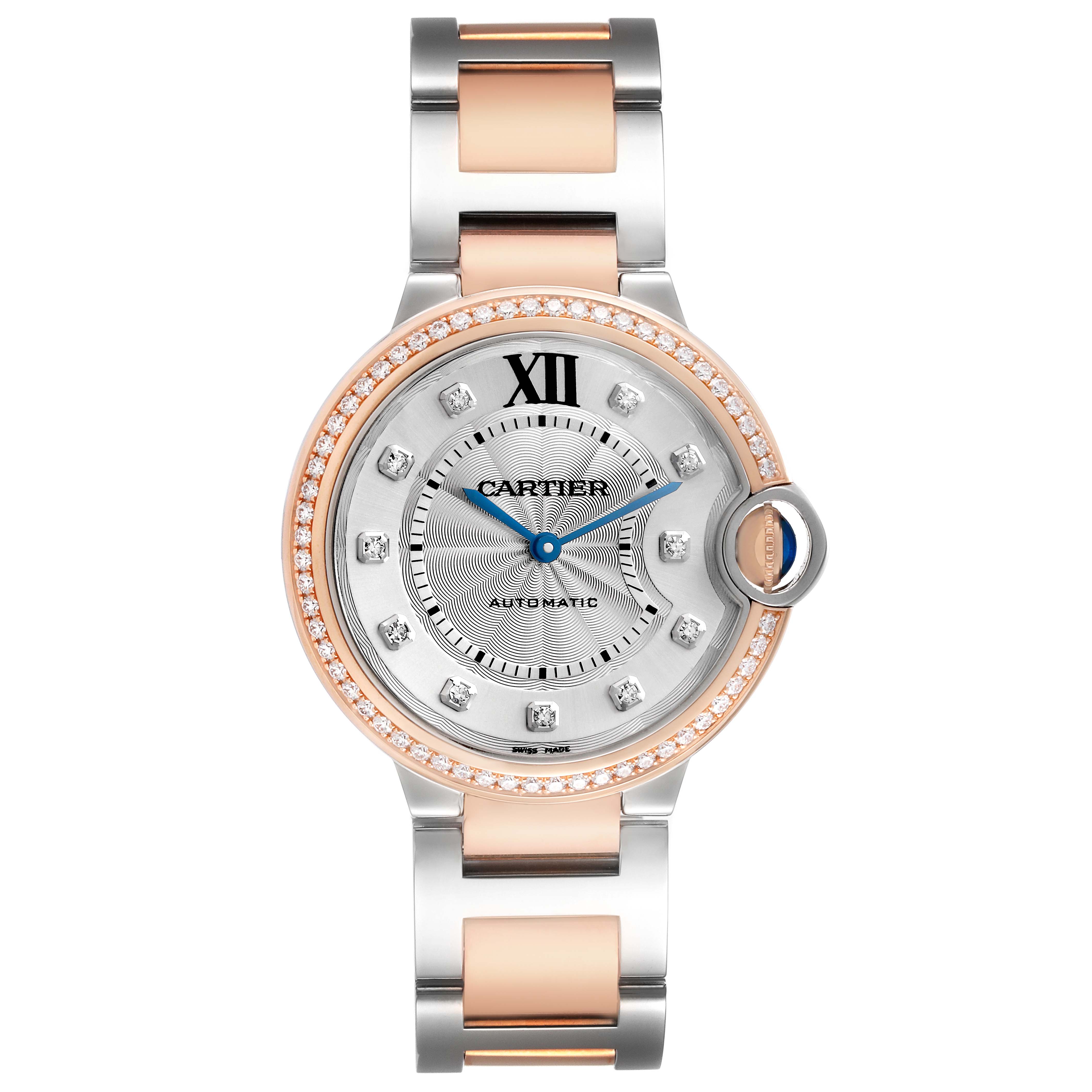 The Cartier Ballon Bleu W3BB0004 Women's Steel and Gold (two tone) Silver Dial watch is shown from a front view, highlighting its dial, blue hands, and two-tone bracelet.