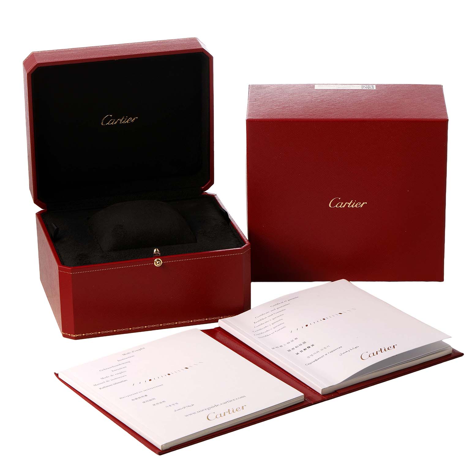 The image shows open and closed Cartier Ballon Bleu W3BB0004 Women's Steel and Gold (two tone) Silver Dial watch boxes and accompanying booklets, viewed from a slightly top angle.
