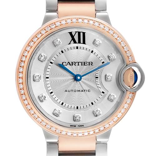 The Cartier Ballon Bleu W3BB0004 Women's Steel and Gold (two tone) Silver Dial watch is shown from the front, highlighting its round face, diamond bezel, and distinctive crown.