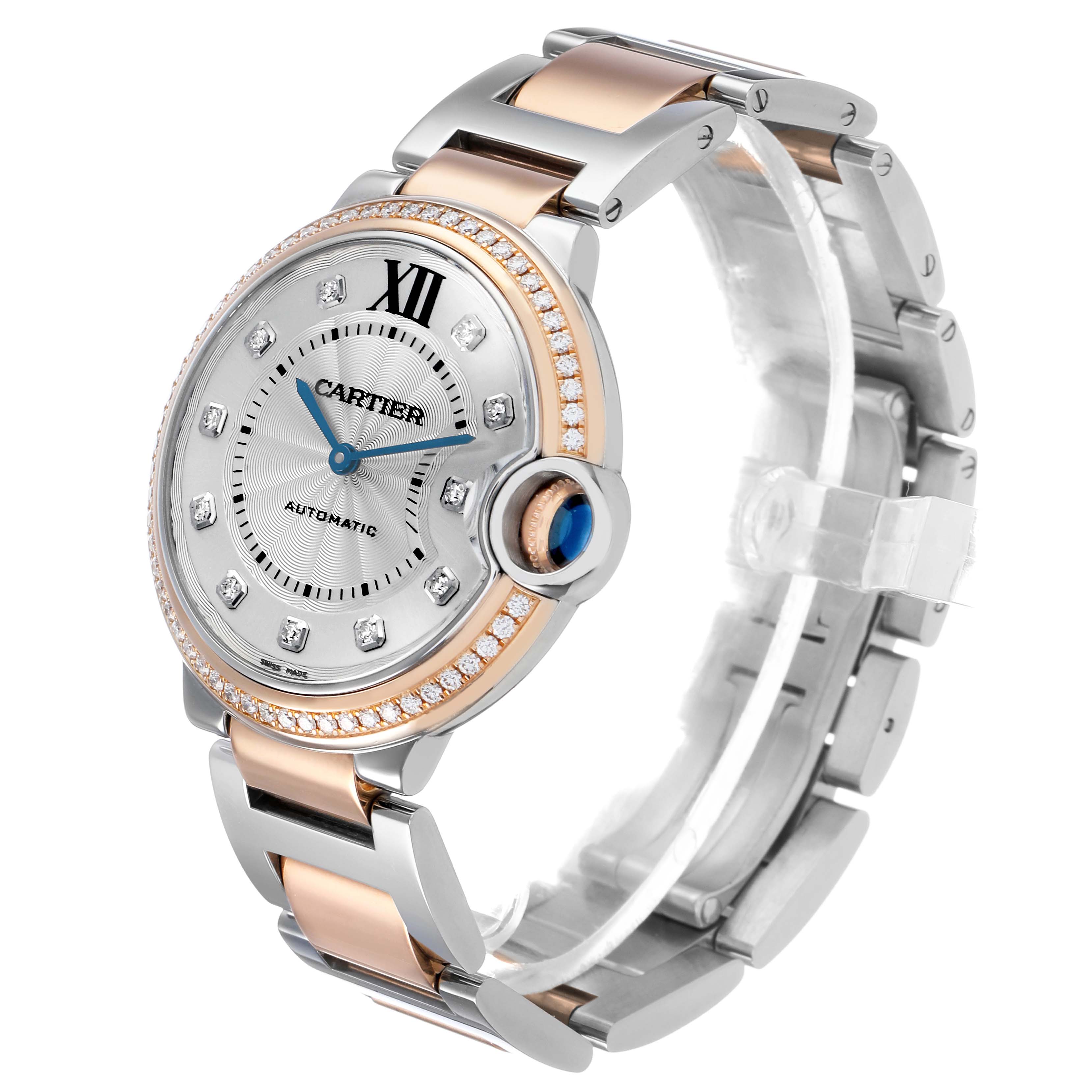 The Cartier Ballon Bleu W3BB0004 Women's Steel and Gold (two tone) Silver Dial watch is shown at a three-quarter angle, highlighting its face, crown, and part of the bracelet.