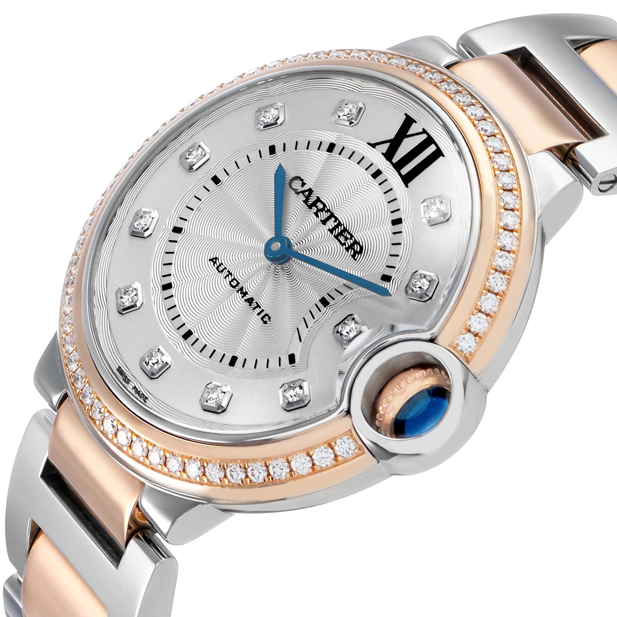 The image shows a close-up of the Cartier Ballon Bleu W3BB0004 Women's Steel and Gold (two tone) Silver Dial watch, highlighting its diamond-studded bezel, dial, and signature crown.