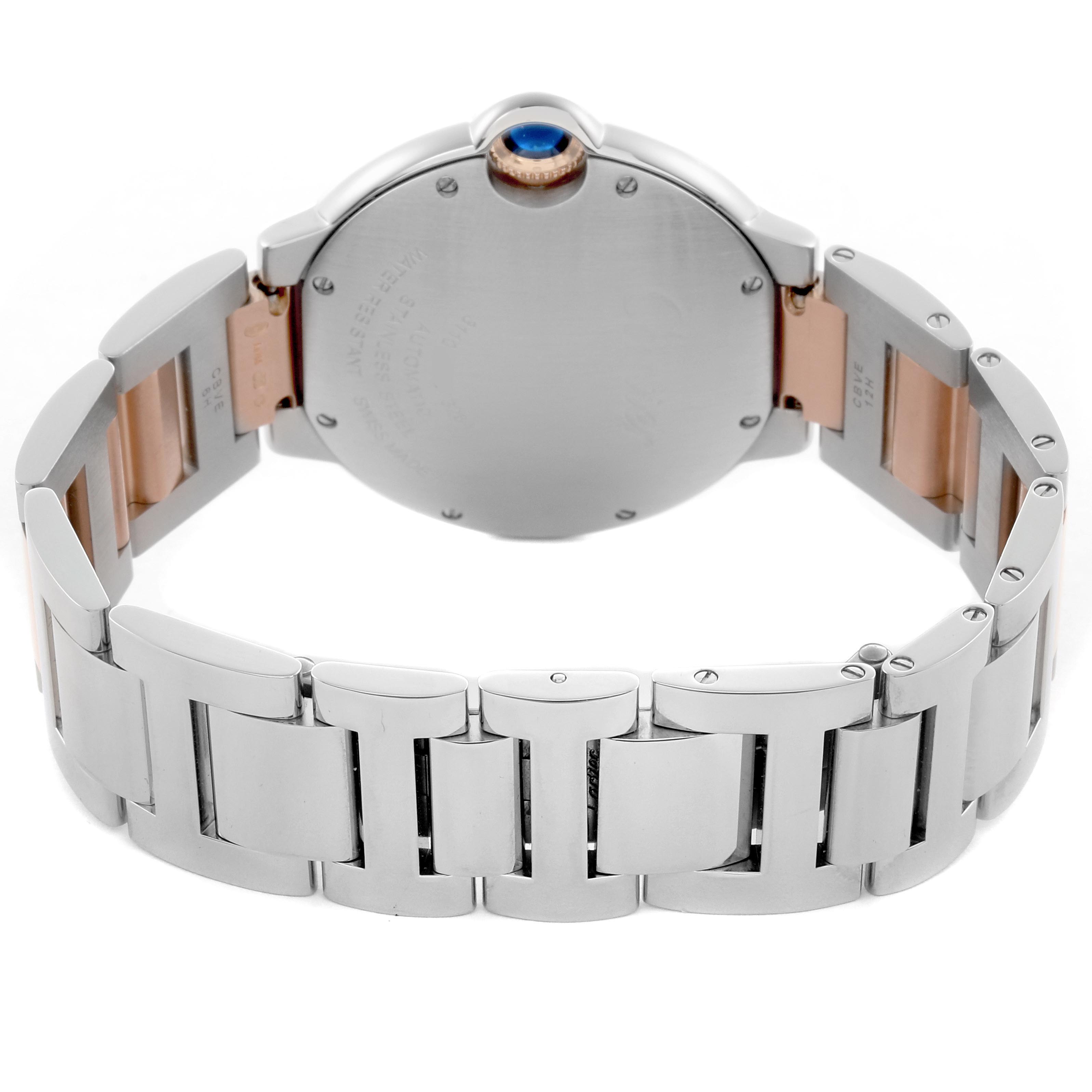 The Ballon Bleu by Cartier is shown from the back, displaying the case back, bracelet, and crown.