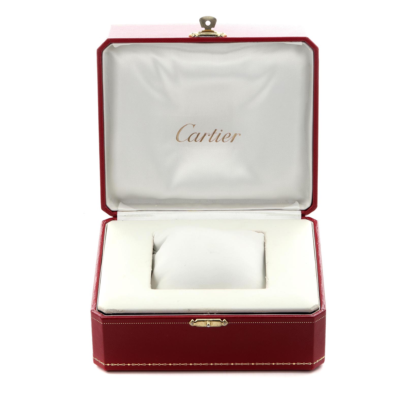 The image shows an open Cartier Ballon Bleu W3BB0018 Women
s Steel and Gold (two tone) Silver Dial W3BB0018 Women
s Steel and Gold (two tone) Silver Dial watch box in red with a white interior.
