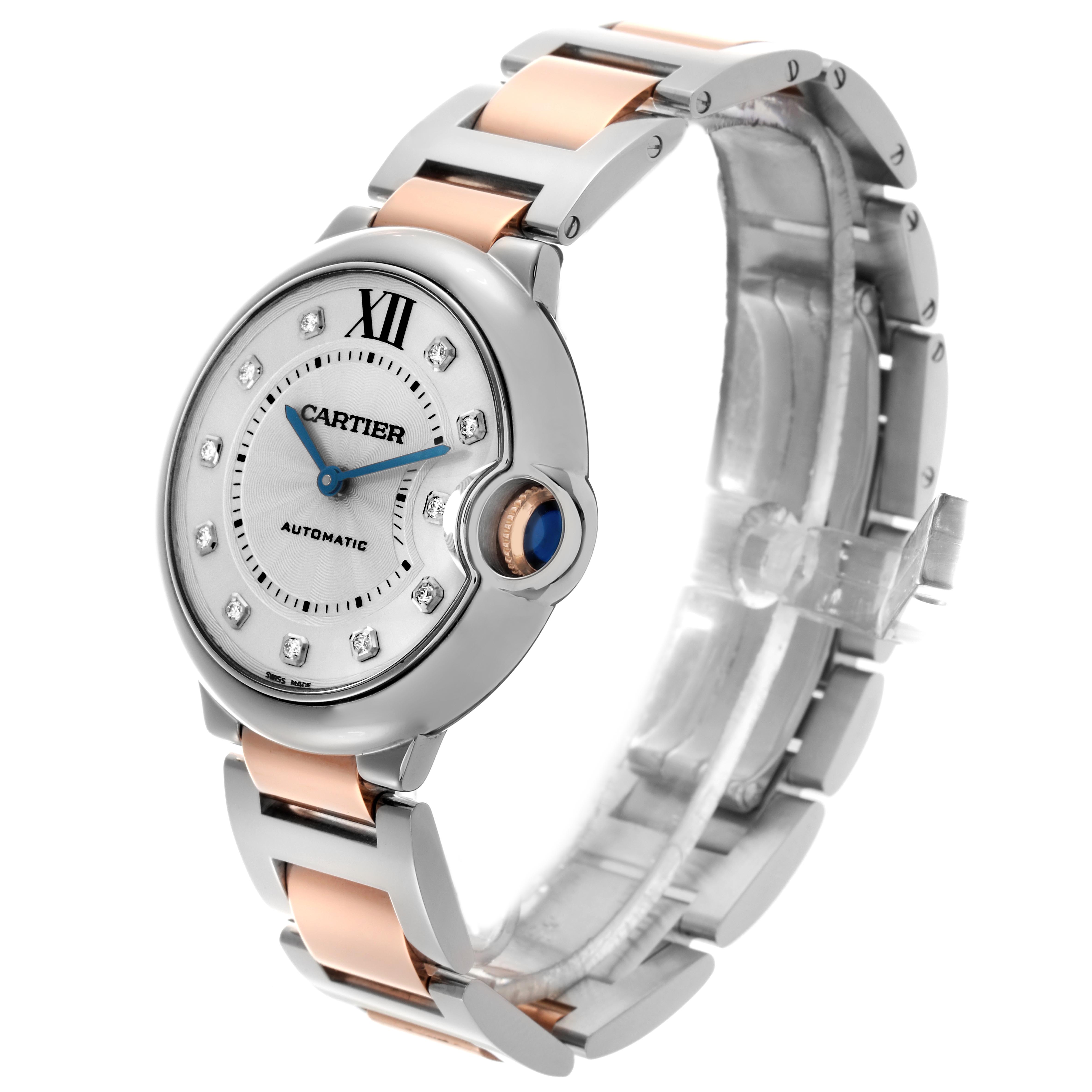 The Cartier Ballon Bleu W3BB0018 Women
s Steel and Gold (two tone) Silver Dial W3BB0018 Women
s Steel and Gold (two tone) Silver Dial watch is shown at a three-quarter angle, displaying the dial, bezel, bracelet, and crown.