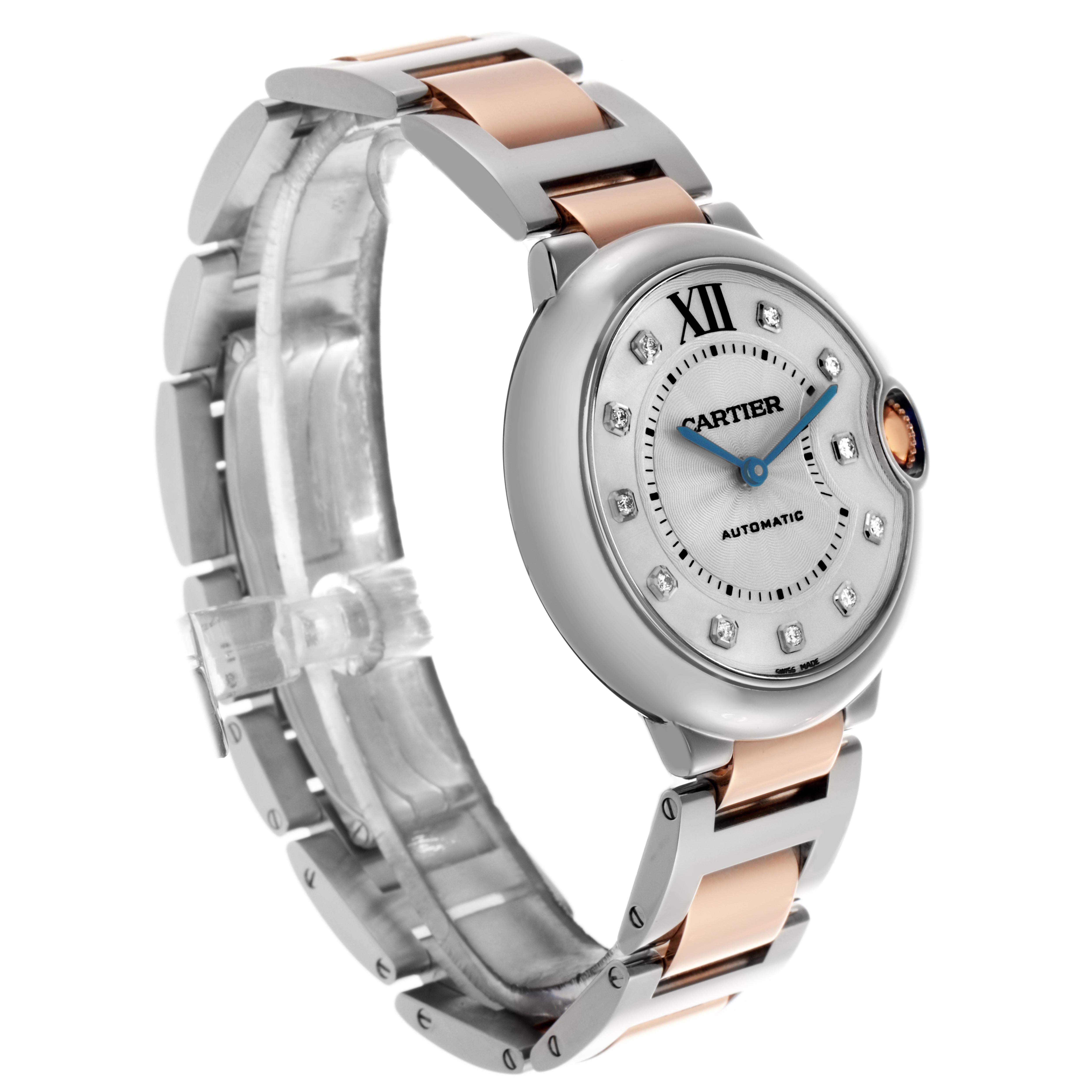 The Cartier Ballon Bleu W3BB0018 Women
s Steel and Gold (two tone) Silver Dial W3BB0018 Women
s Steel and Gold (two tone) Silver Dial watch is shown at a slight angle, highlighting the case, bracelet, and crown.