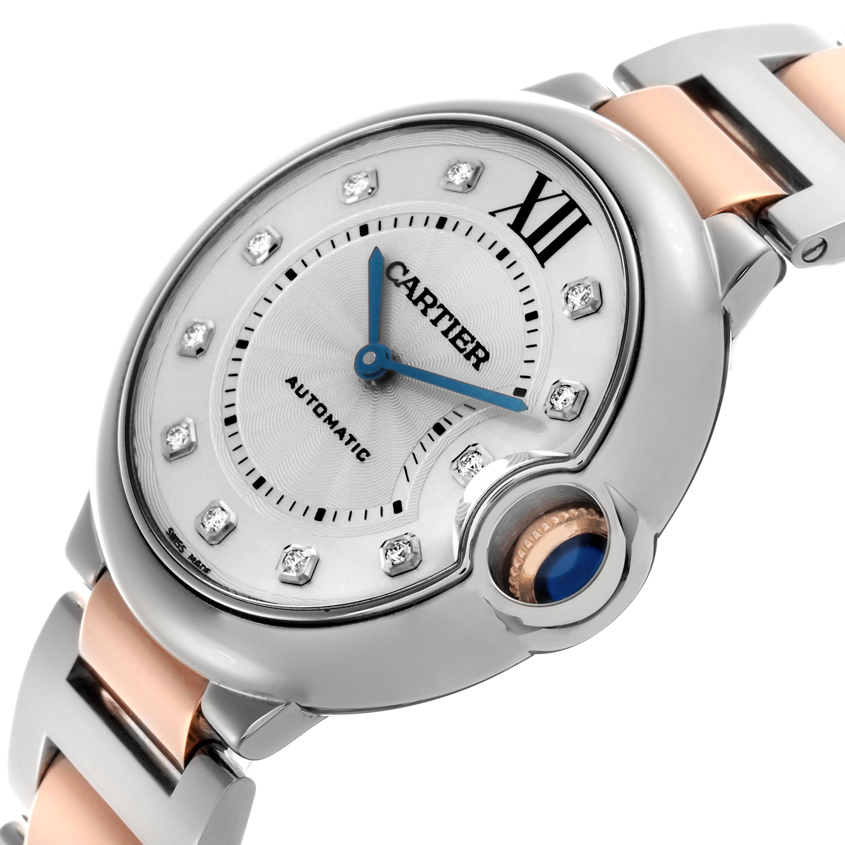 The image shows a Cartier Ballon Bleu W3BB0018 Women
s Steel and Gold (two tone) Silver Dial W3BB0018 Women
s Steel and Gold (two tone) Silver Dial watch at an angle, highlighting the face, crown, and portion of the bracelet.